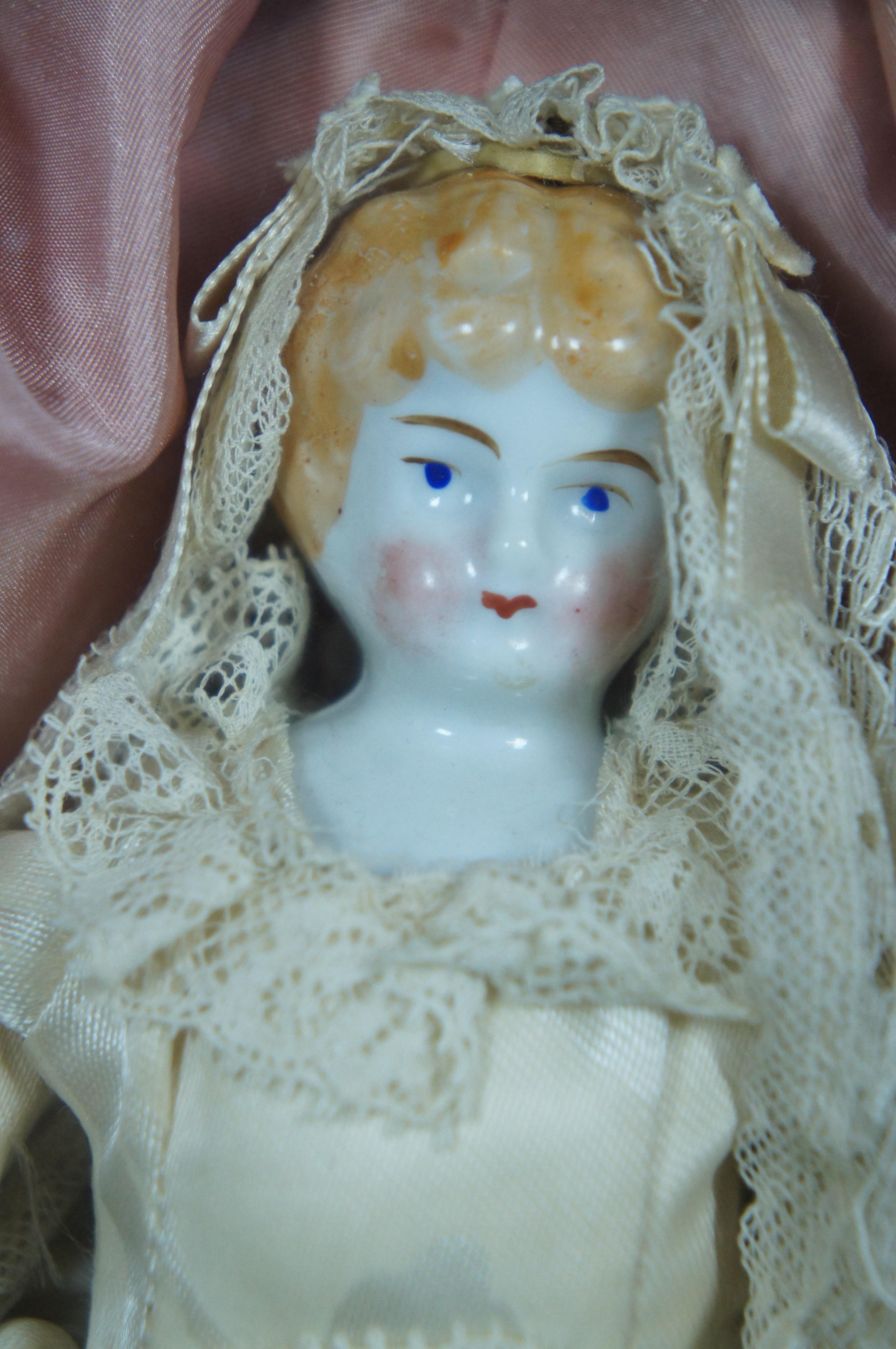 Antique Victorian Porcelain China Head Bride Doll Shadow Box Wedding Dress 2