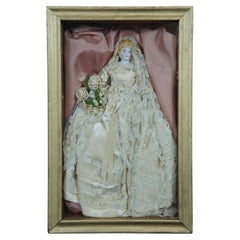 Antique Victorian Porcelain China Head Bride Doll Shadow Box Wedding Dress
