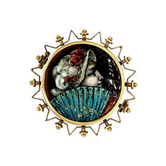 Antica spilla vittoriana in porcellana dorata