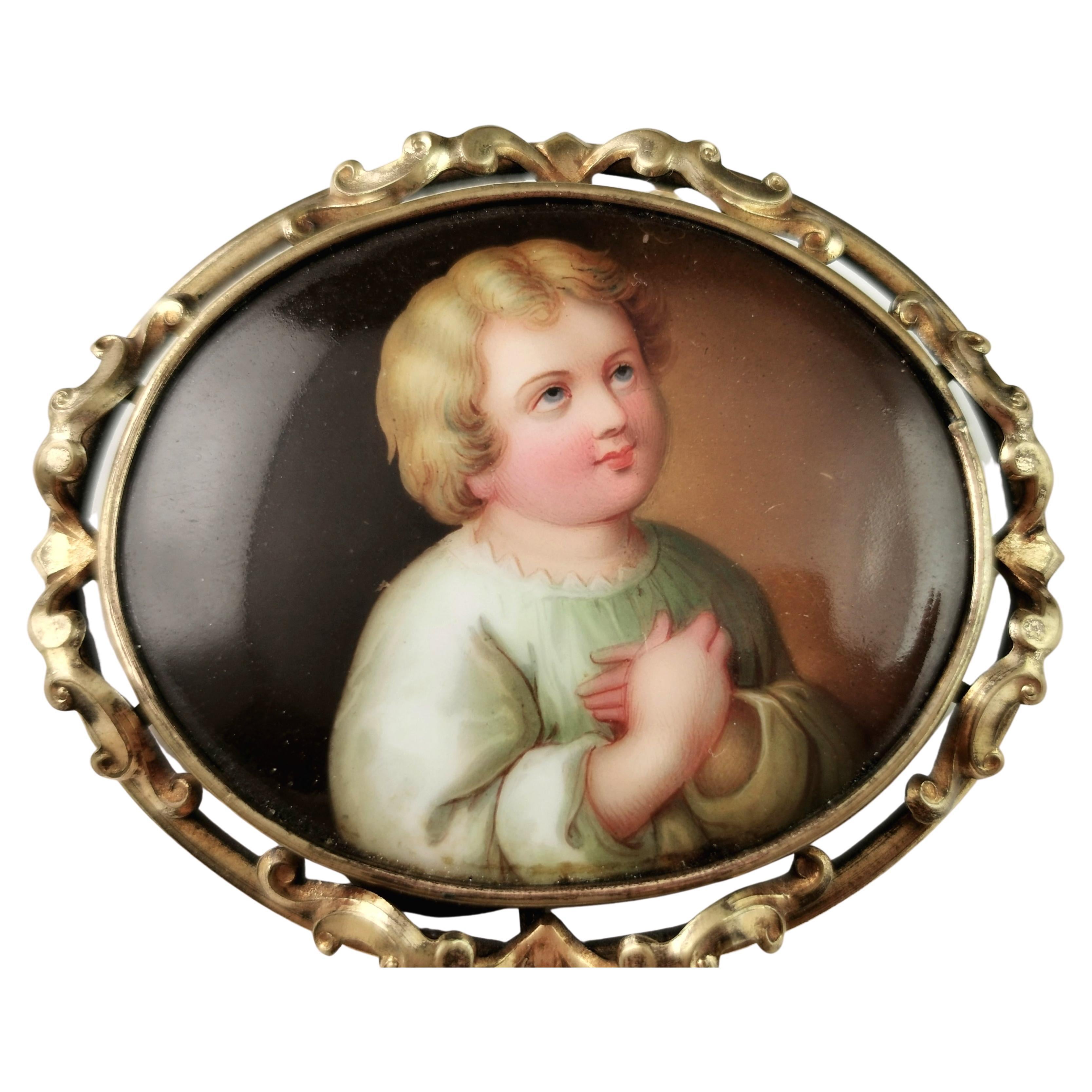 Antique Victorian portrait brooch, ceramic, hand painted  For Sale