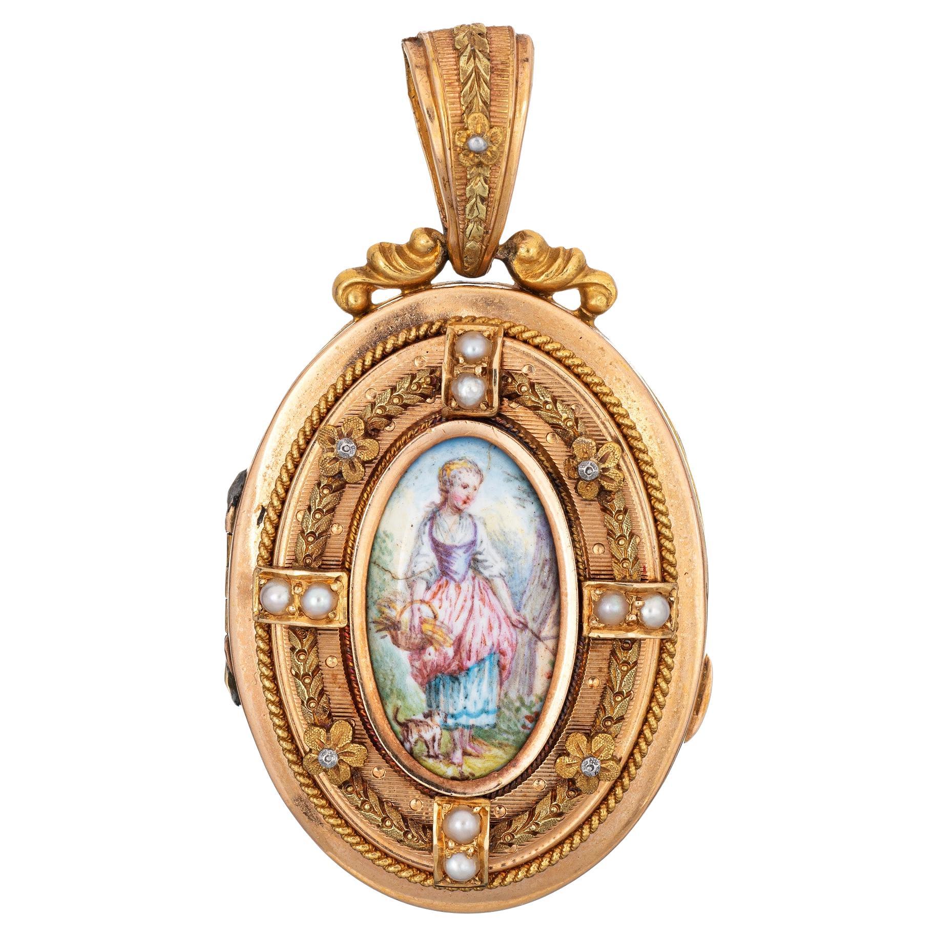Antique Victorian Portrait Locket Pendentif Perles Or 18k Vintage Fine Jewelry
