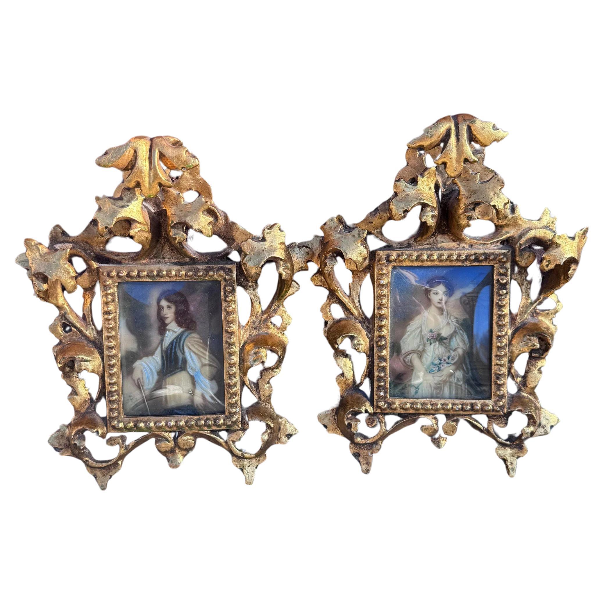 Antique Victorian Portraits on Hand-Painted Porcelain Plaques in Carved Frames