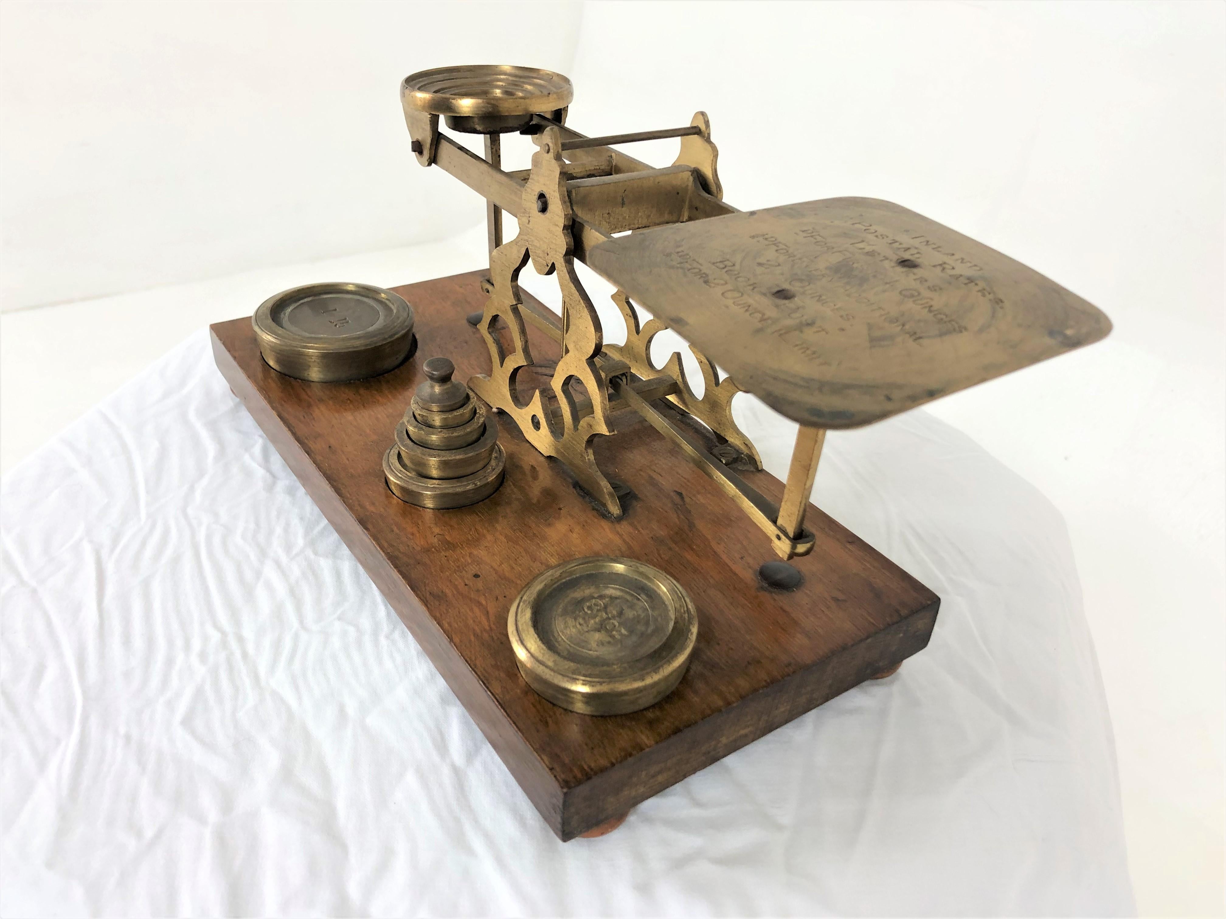 Antique Victorian Postal Scales and Weights on Oak Stand, Scotland 1880