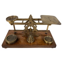 Antique Victorian Postal Scales & Weights on Oak Stand, Scotland 1880, H822