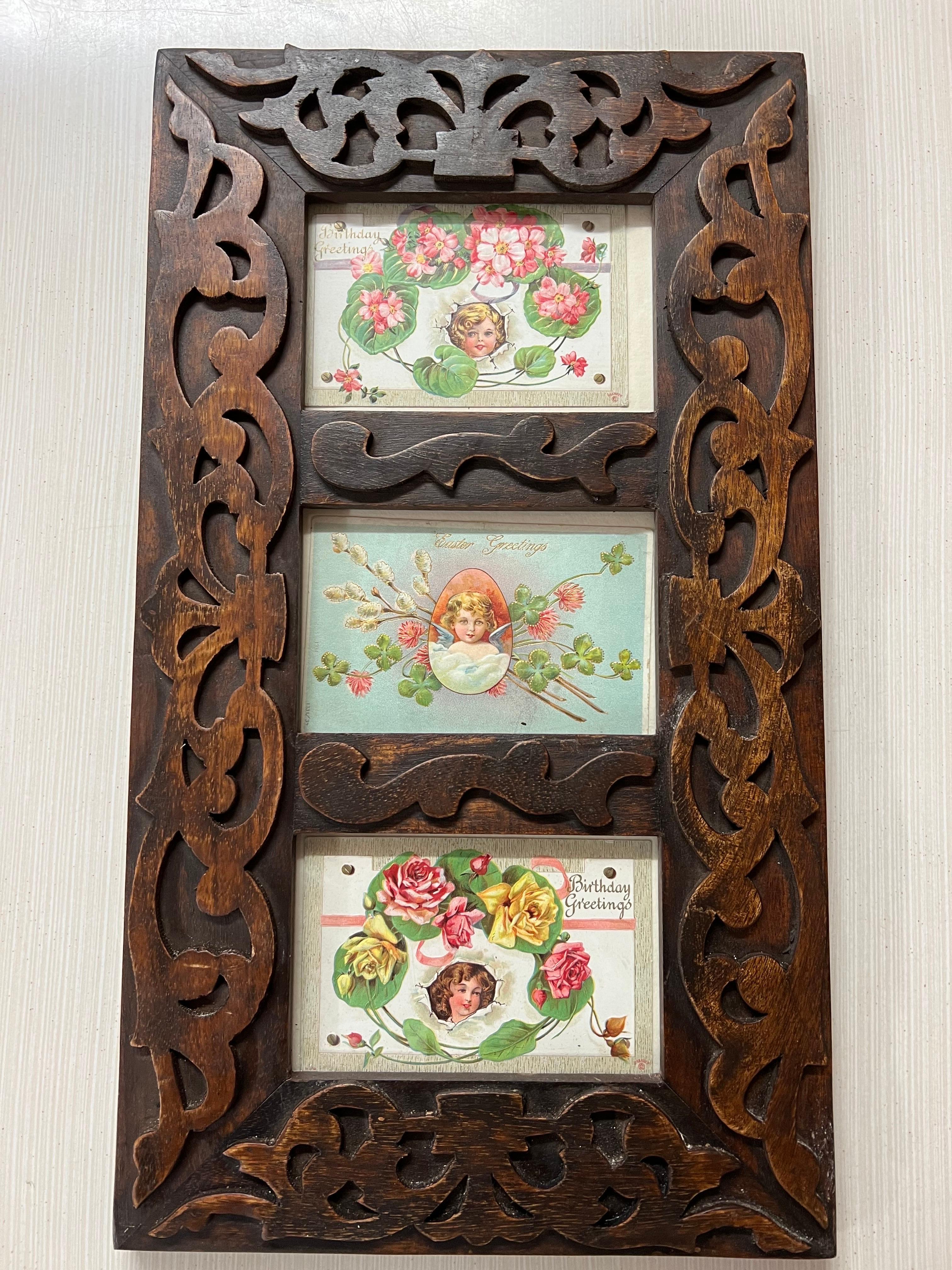 Antique Victorian Postcards in a Carved Wooden Frame In Good Condition In Redding, CT