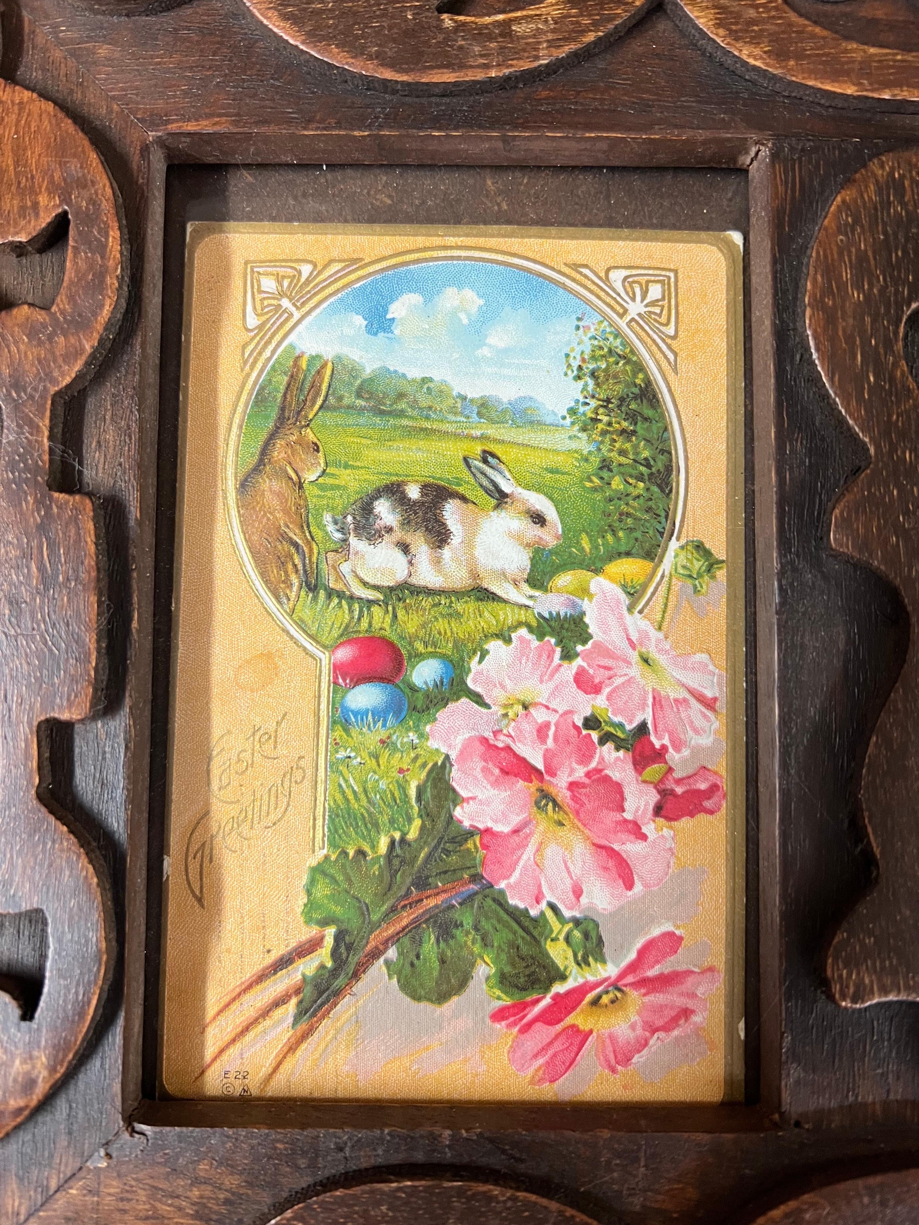 Romantic Antique Victorian Postcards in a Carved Wooden Frame
