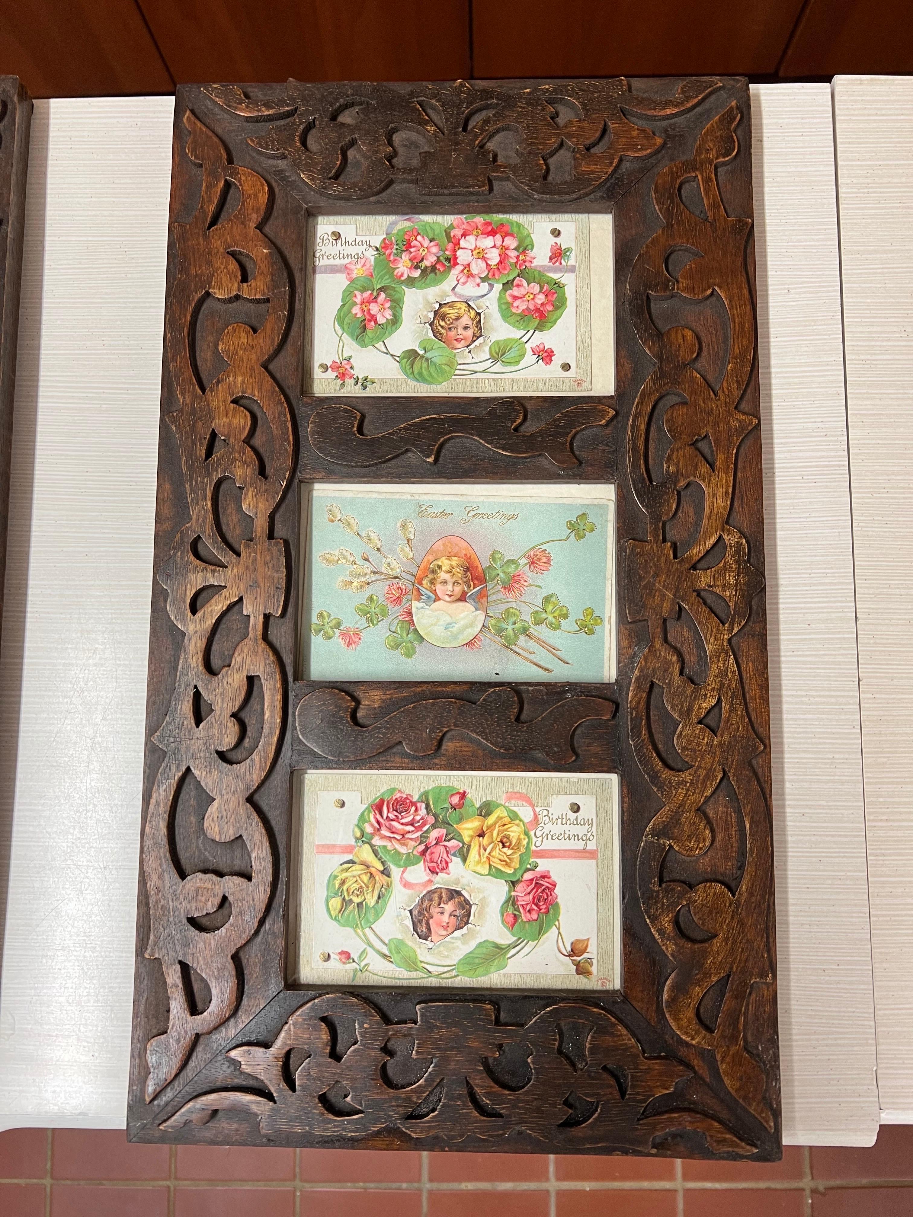 19th Century Antique Victorian Postcards in a Carved Wooden Frame