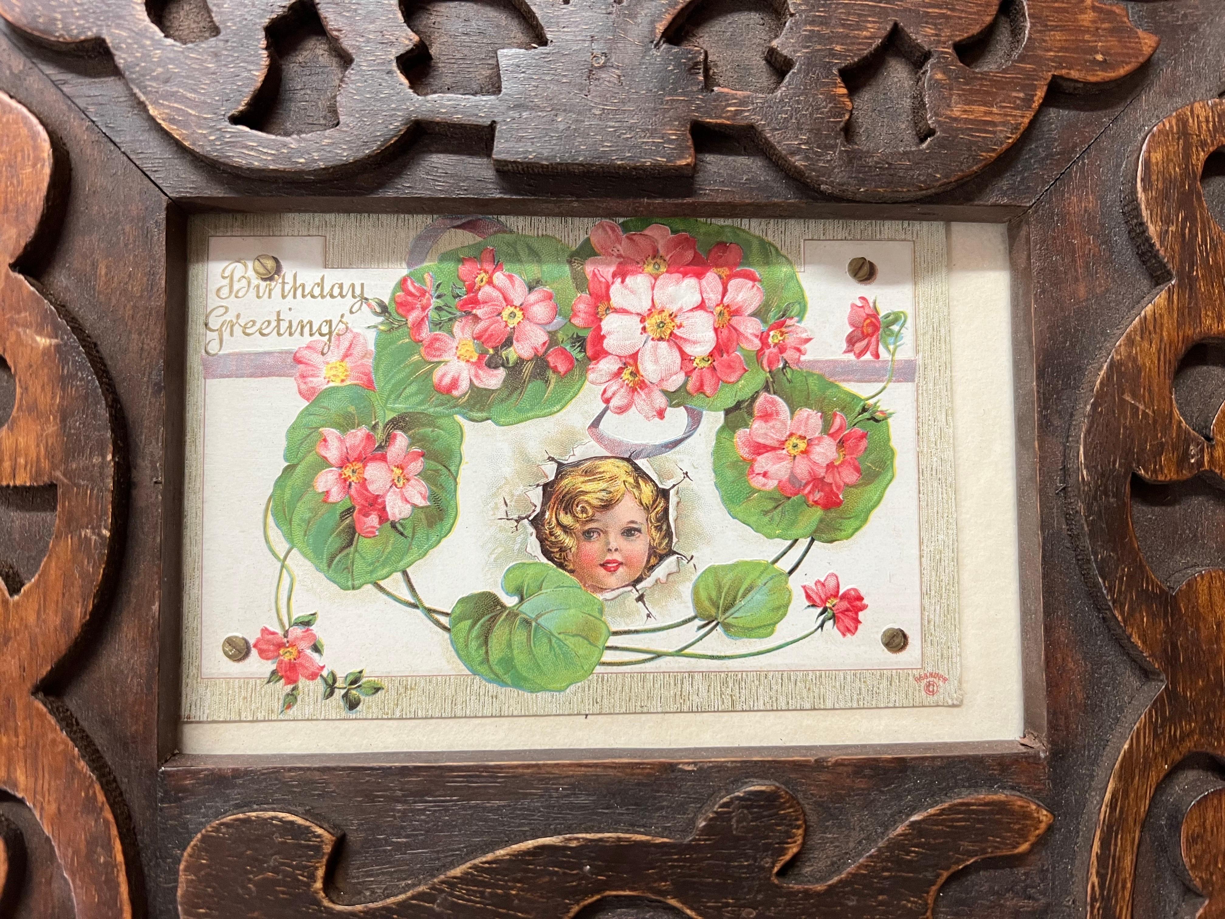 Antique Victorian Postcards in a Carved Wooden Frame 1