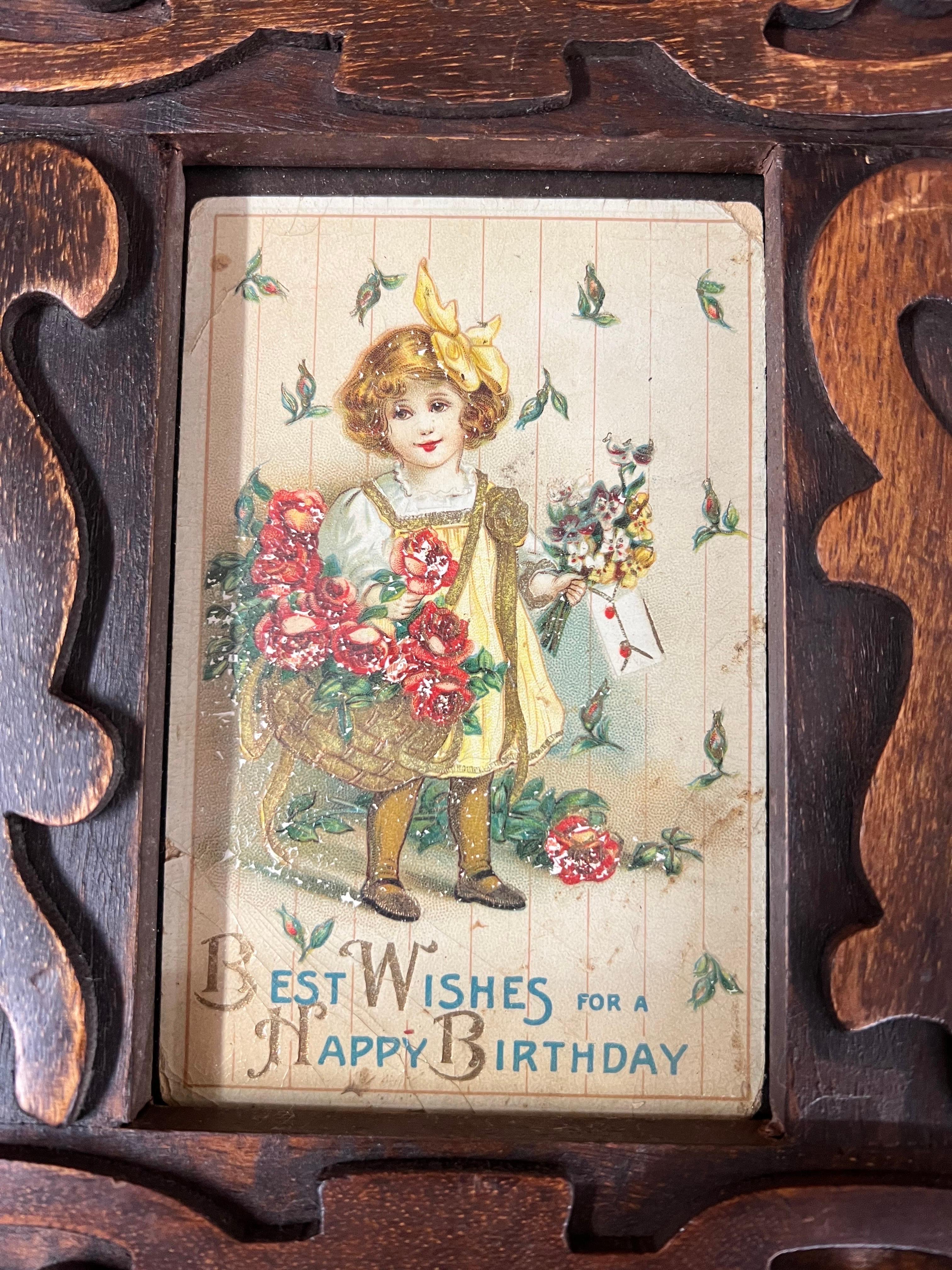 Antique Victorian Postcards in a Carved Wooden Frame In Good Condition For Sale In Redding, CT