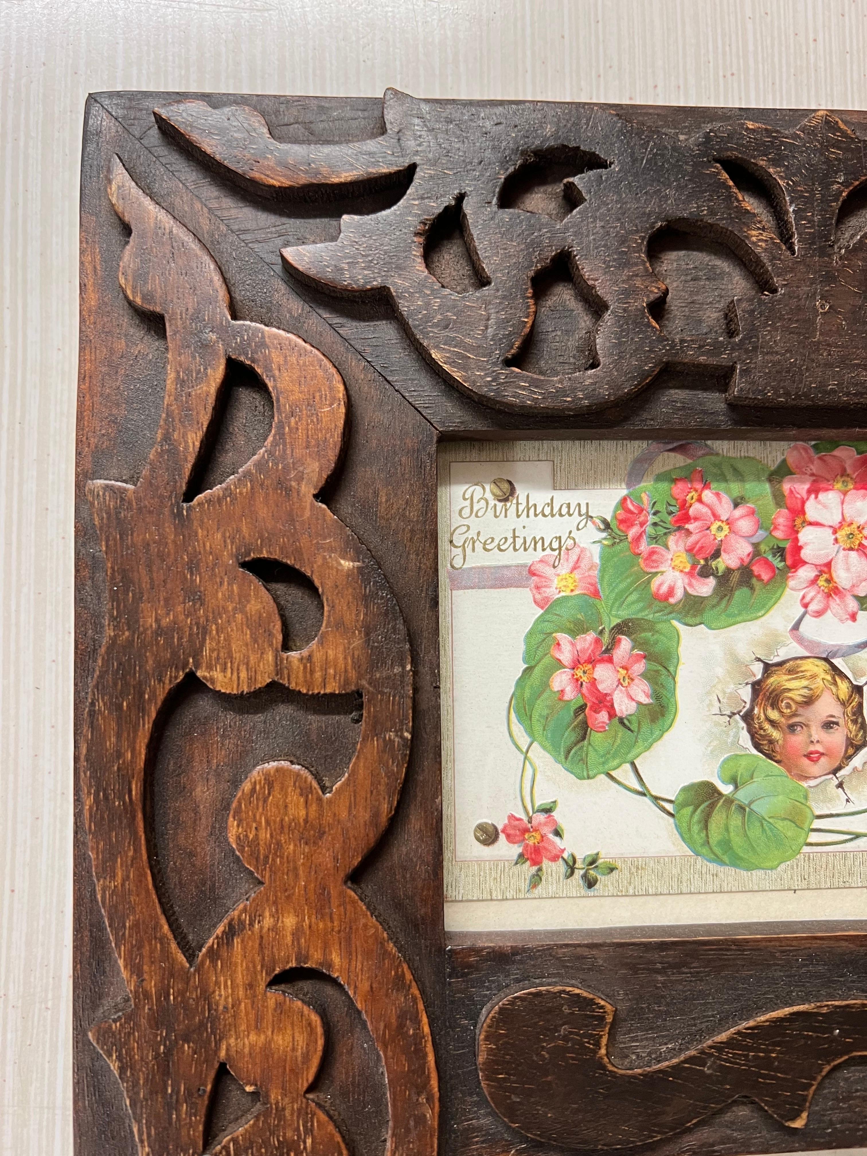 Antique Victorian Postcards in a Carved Wooden Frame 4