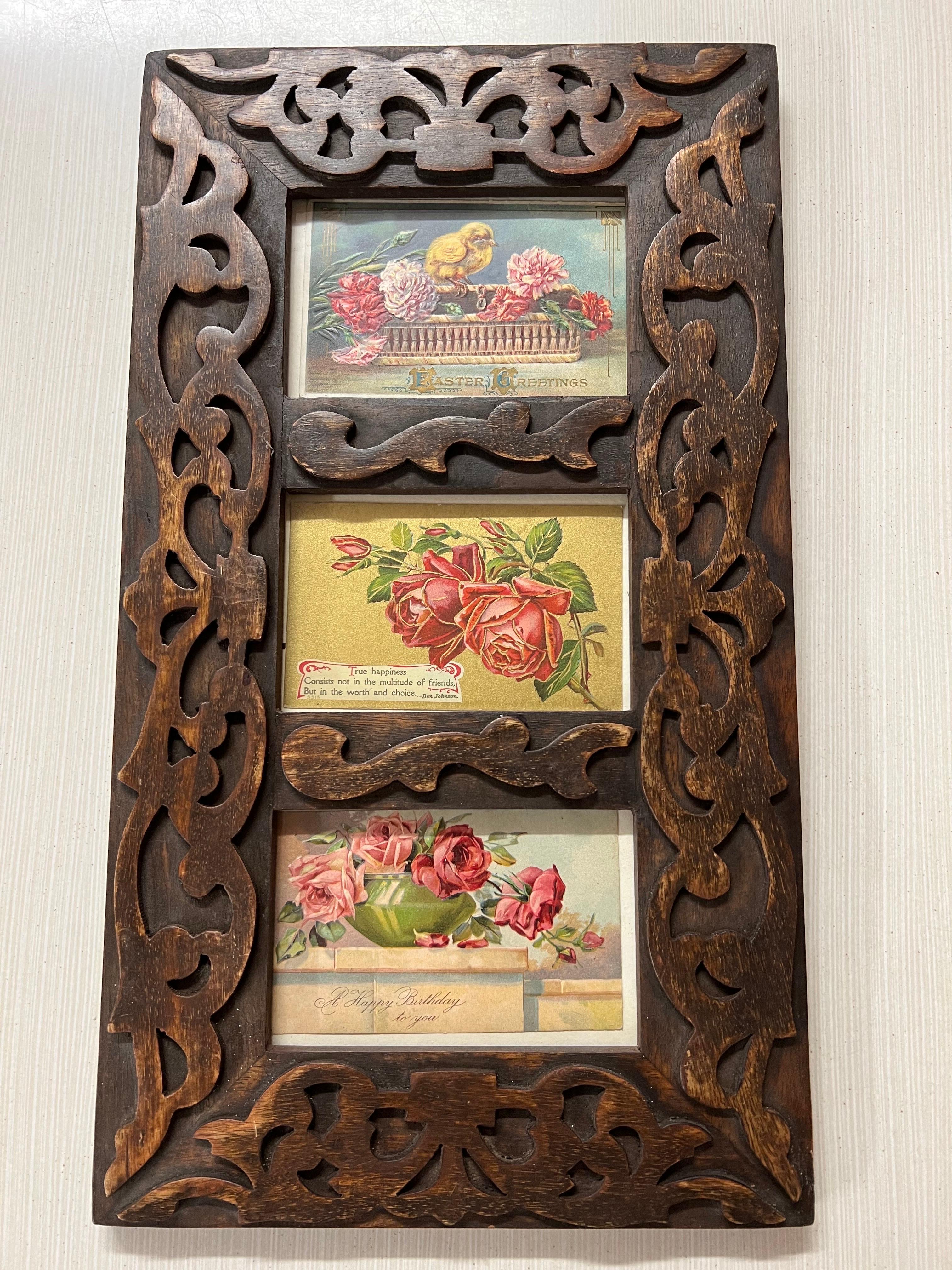 Set of Three Antique Postcards in a Carved Wooden Frame with glass panels. They are all authentic antique postcards , not reproductions. The top card is an Antique Easter Card embellished with flowers and a baby chic. The second one is a greeting