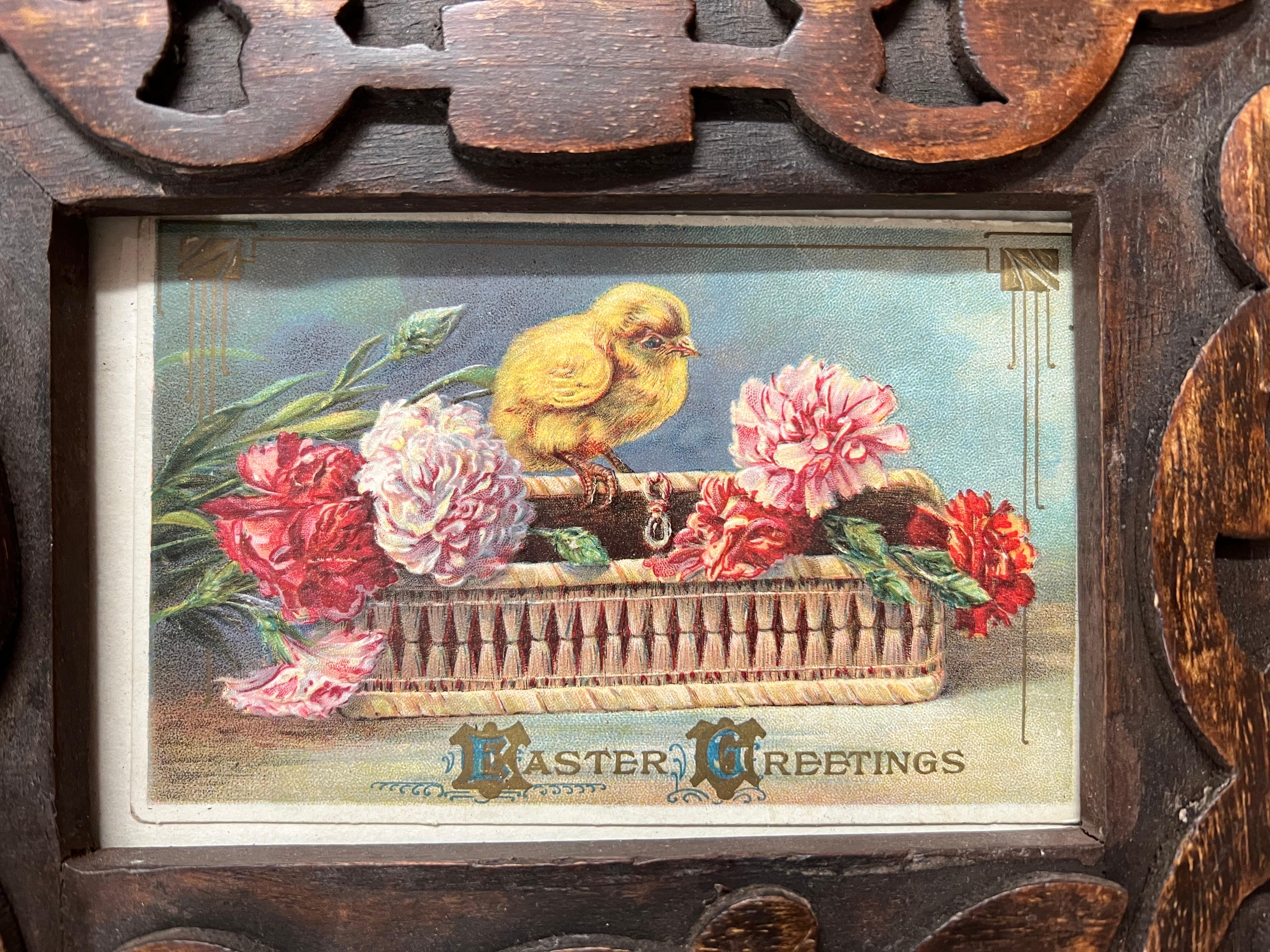 Romantic Antique Victorian Postcards in Carved Wooden Frame 