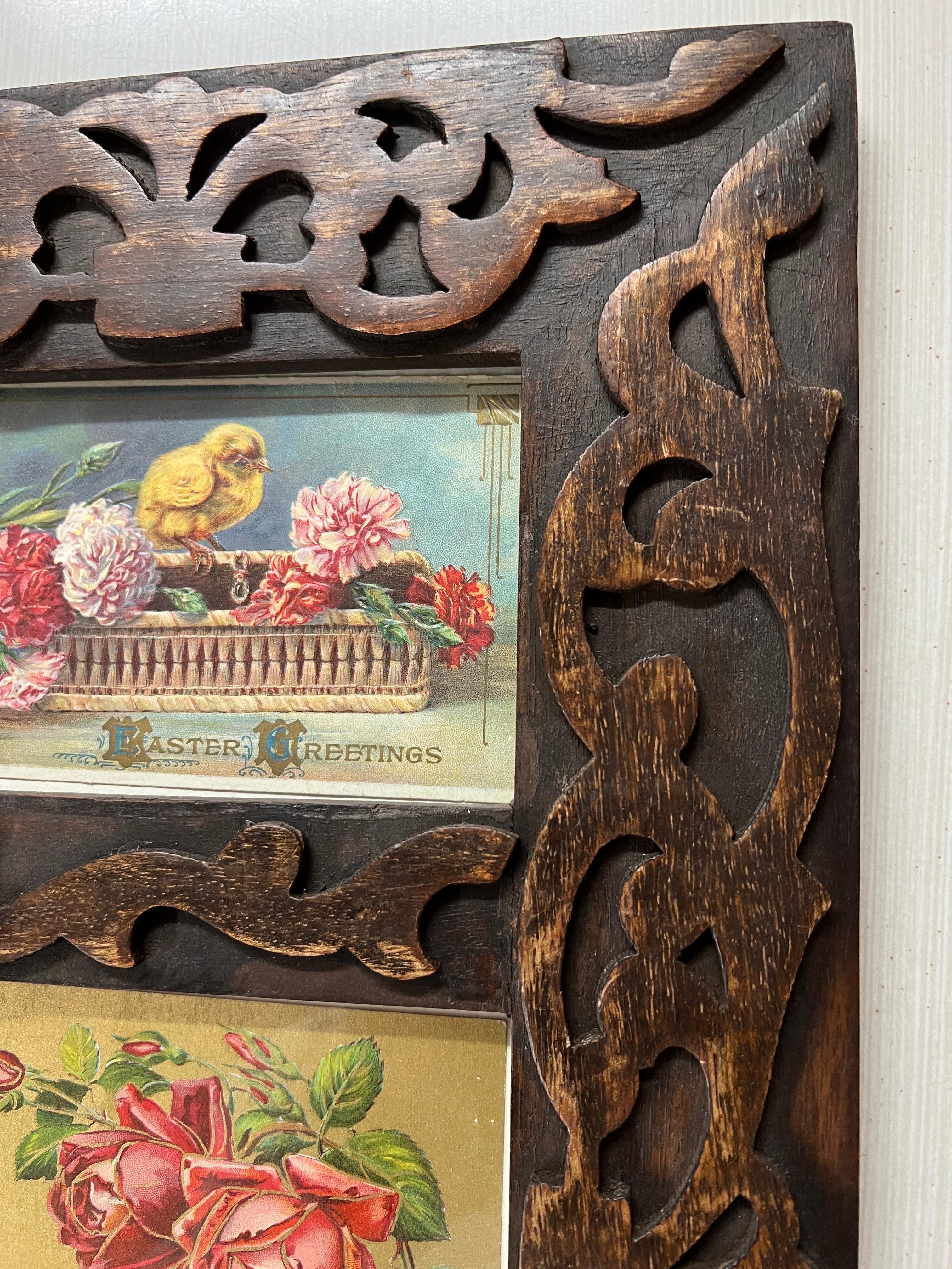 Antique Victorian Postcards in Carved Wooden Frame  1