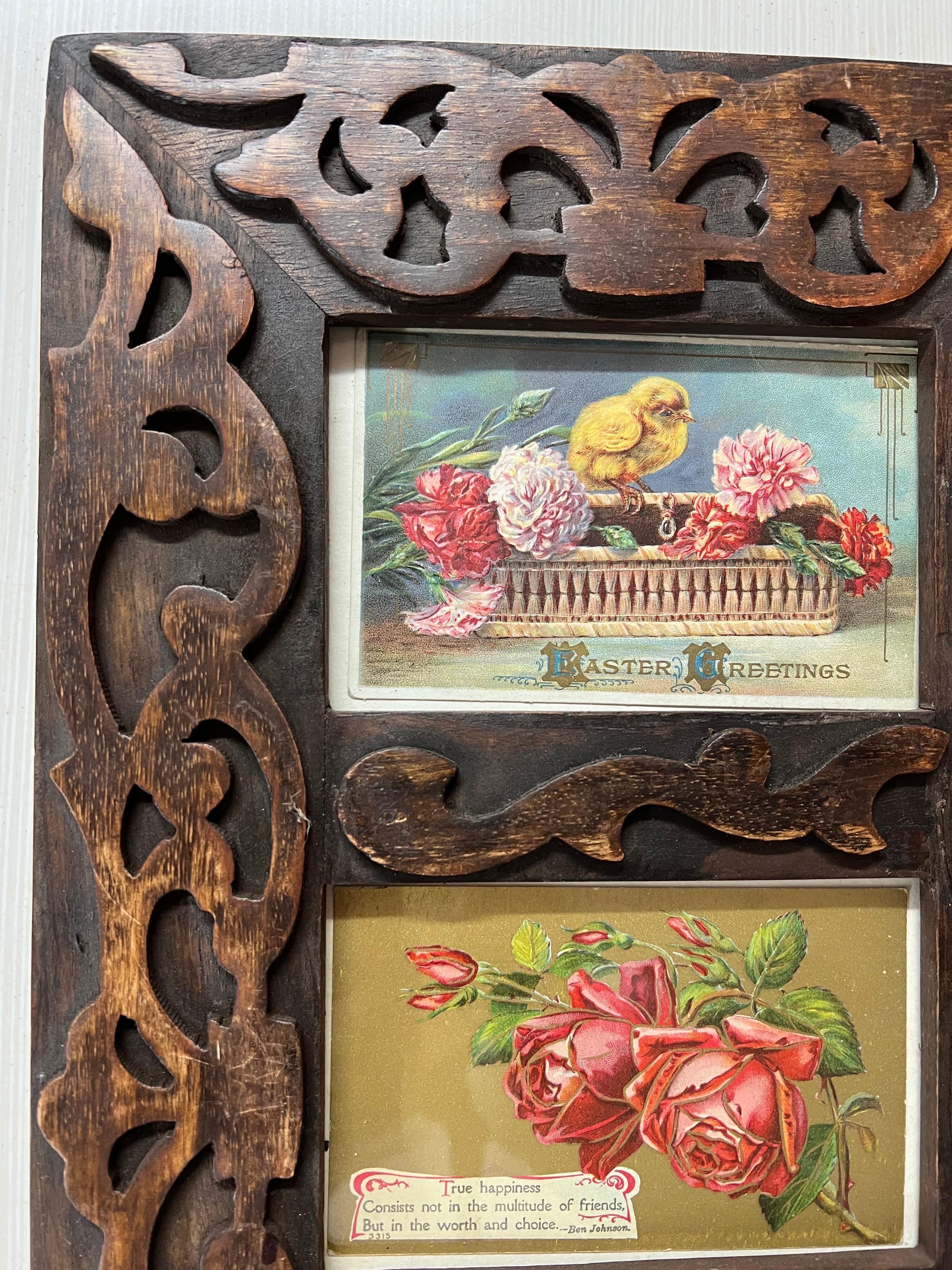 Antique Victorian Postcards in Carved Wooden Frame  2