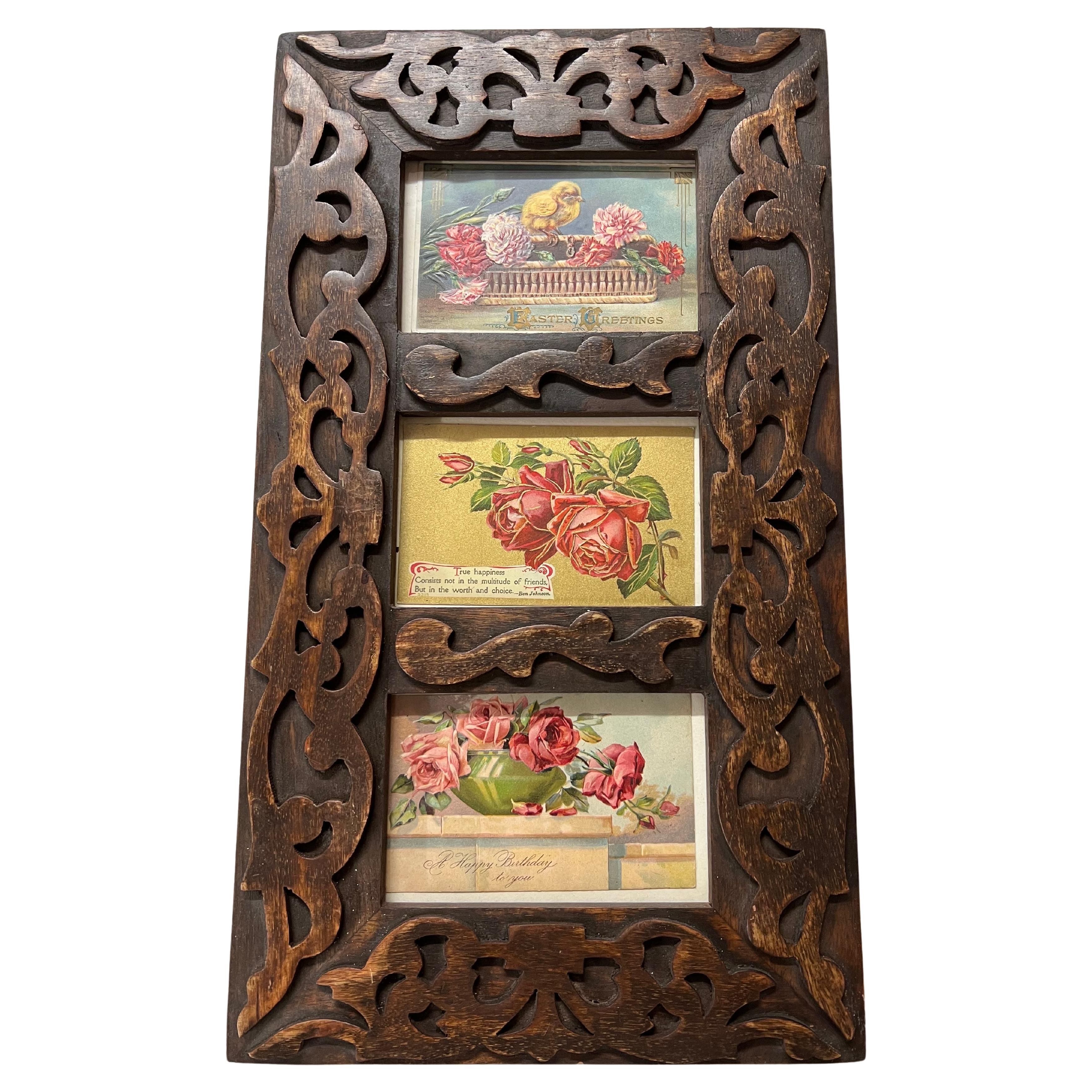 Antique Victorian Postcards in Carved Wooden Frame  For Sale