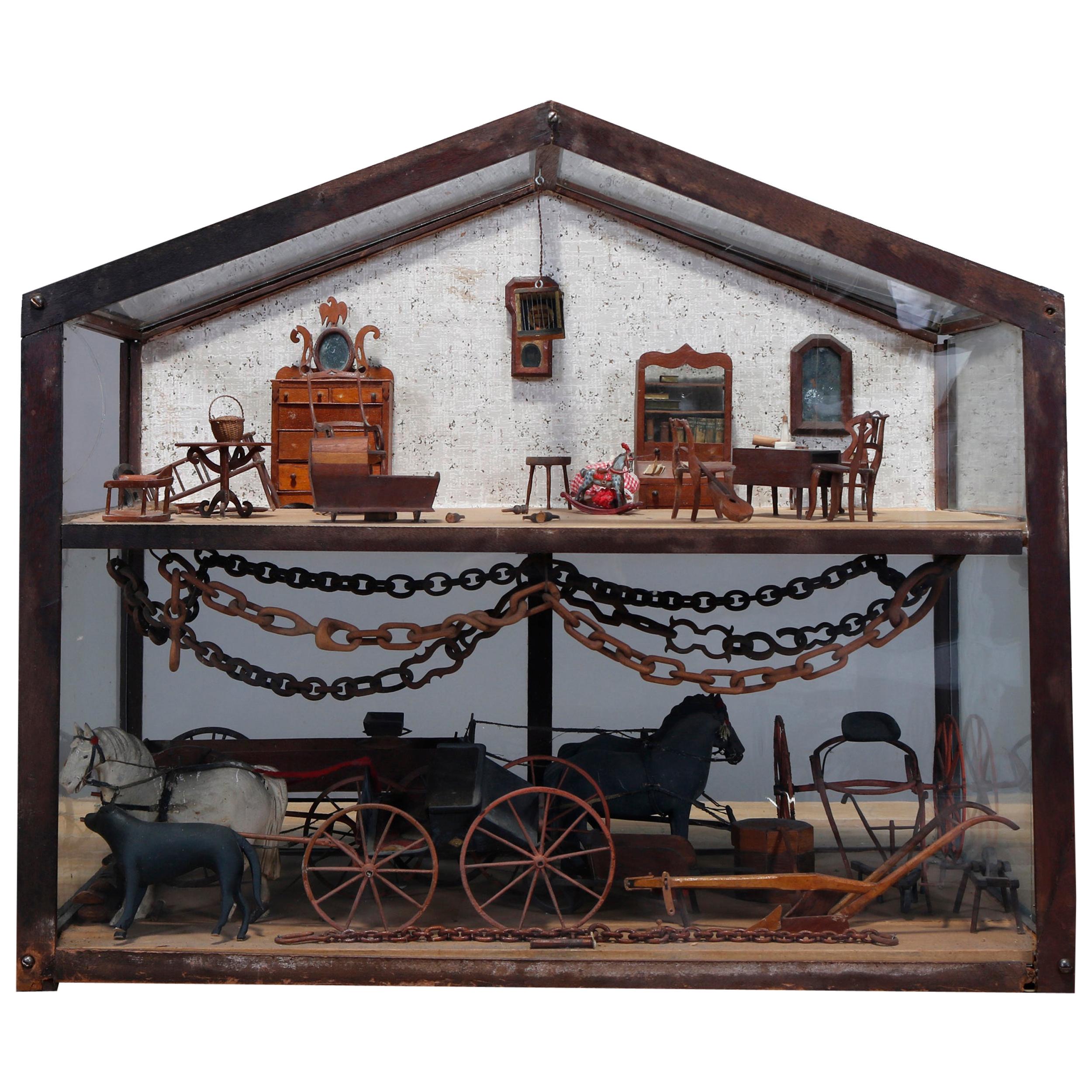 An antique Folk Art diorama depicts carriage house with glass panels in wood frame and having upstairs living quarters with hand carved wood miniature furniture and lower room with horses, wood chain and various carriages, c 1850’s.

Measures: 22