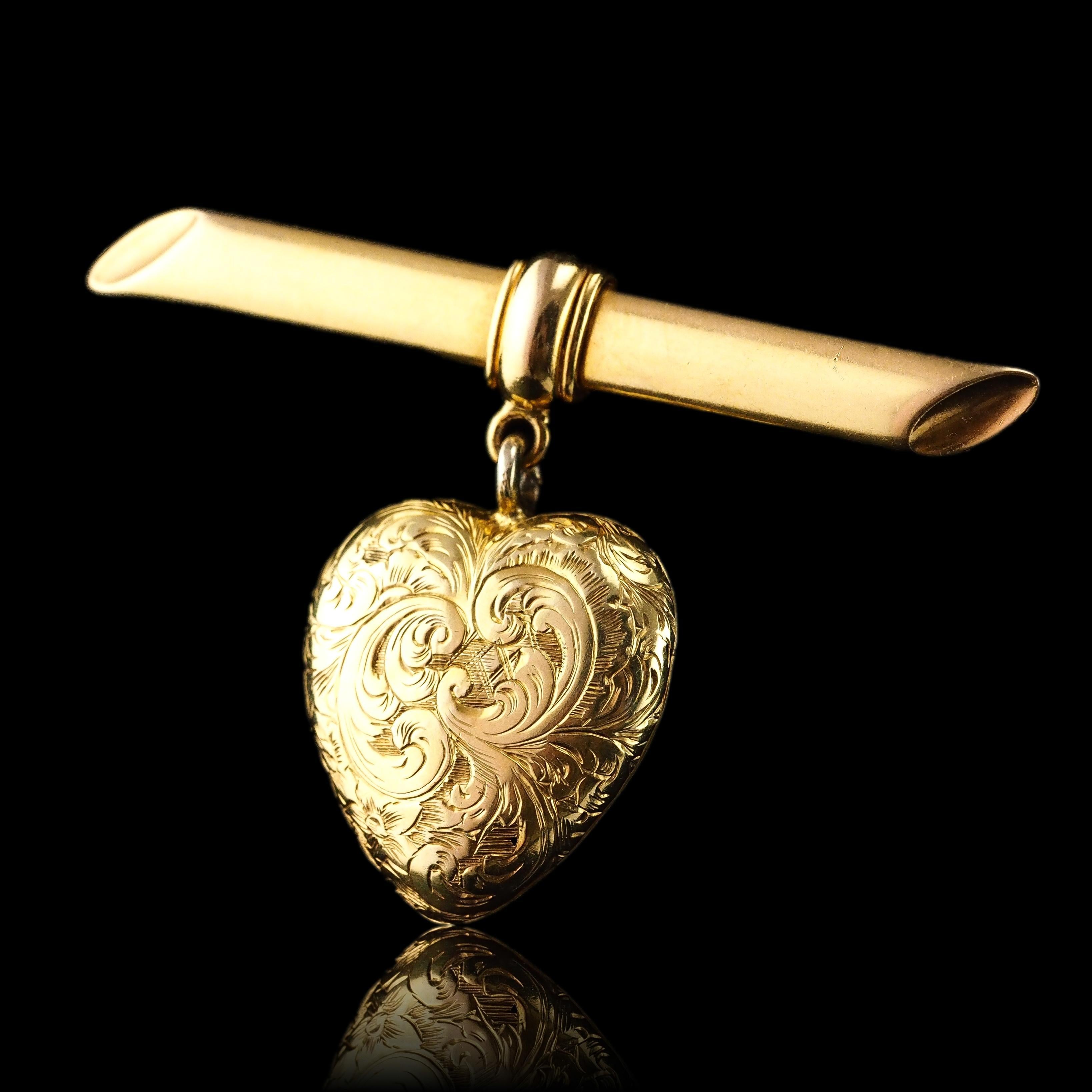 Antique Victorian 'Puffy' Heart Brooch 18K Gold with Wonderful Engravings c.1890 For Sale 7