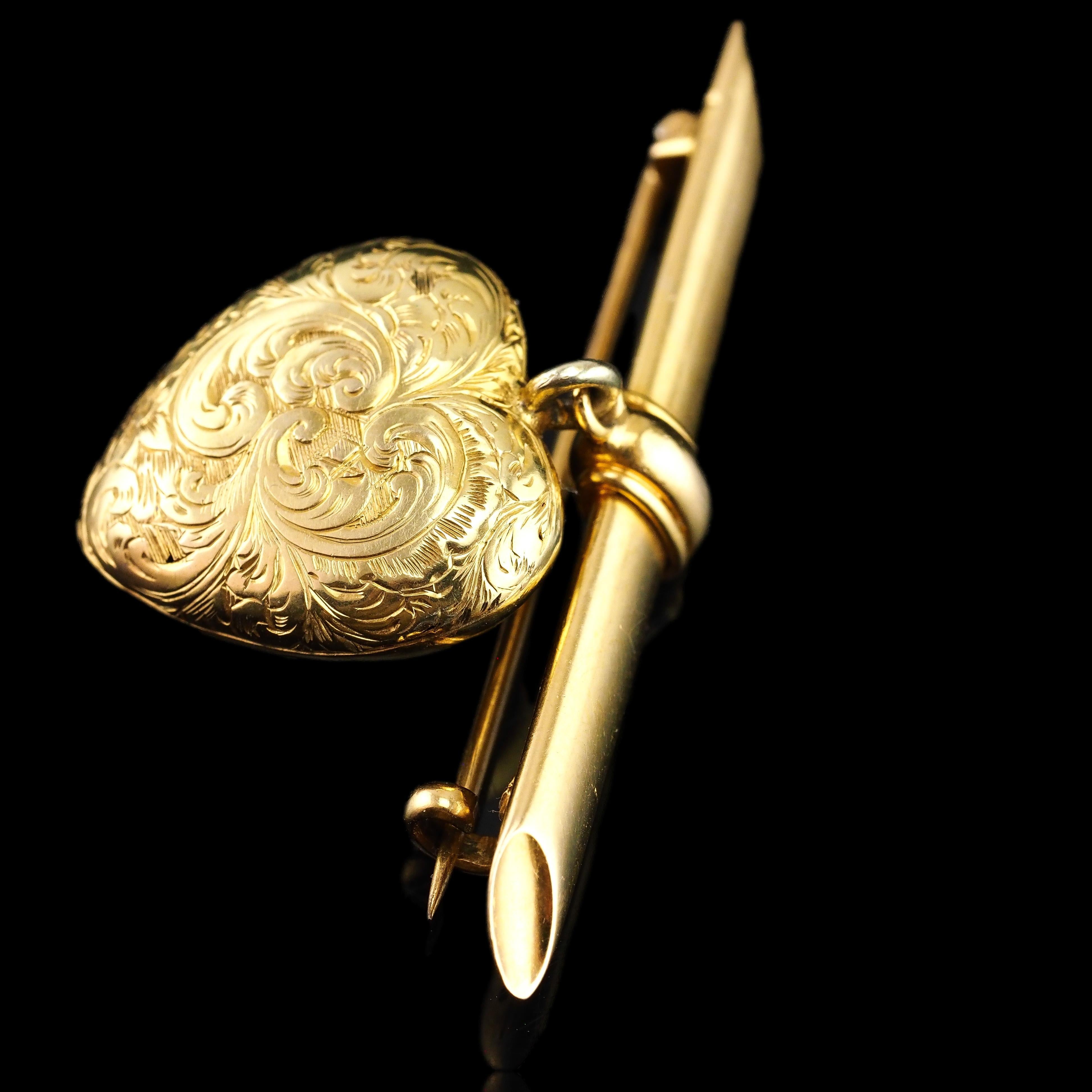 Antique Victorian 'Puffy' Heart Brooch 18K Gold with Wonderful Engravings c.1890 For Sale 12