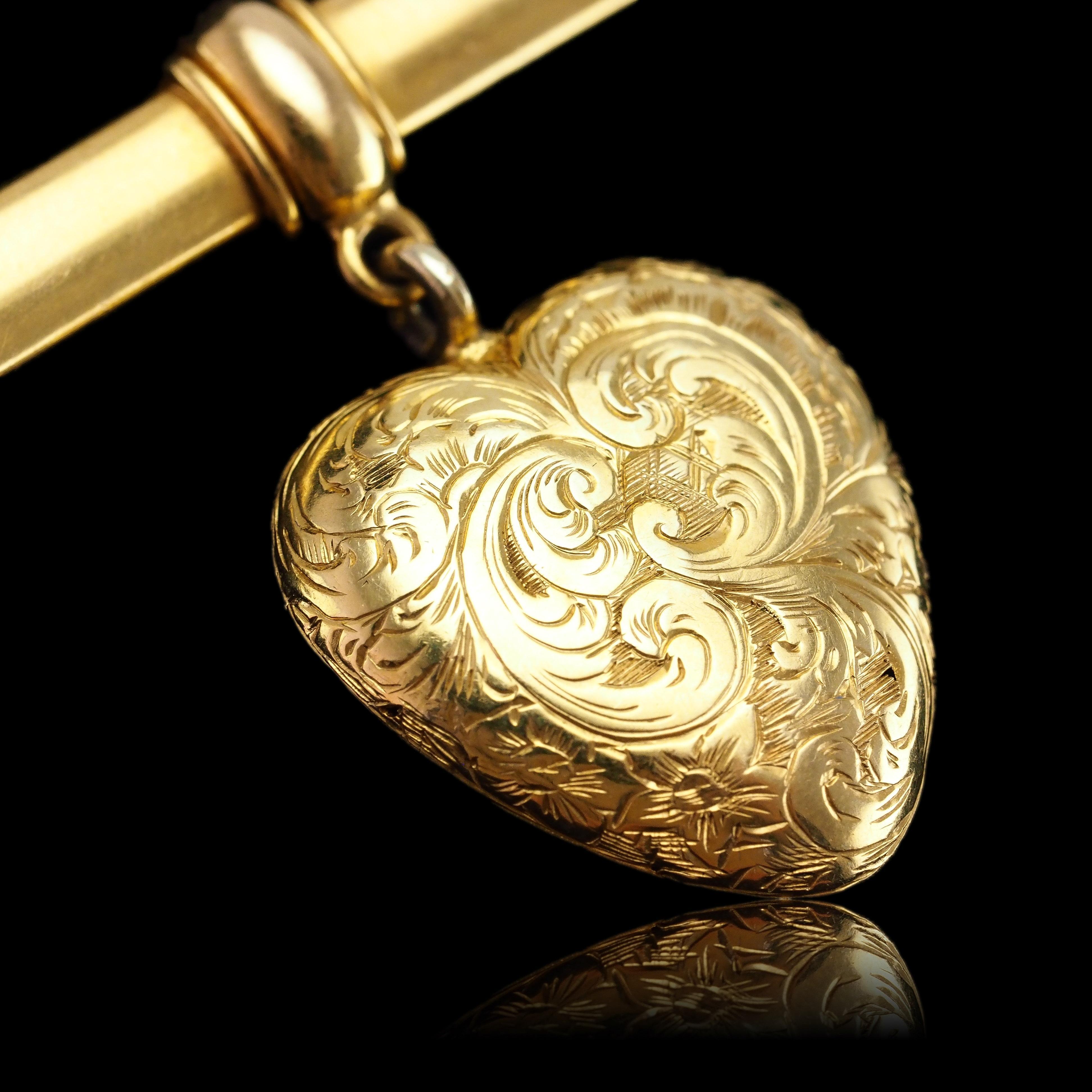 Antique Victorian 'Puffy' Heart Brooch 18K Gold with Wonderful Engravings c.1890 For Sale 13