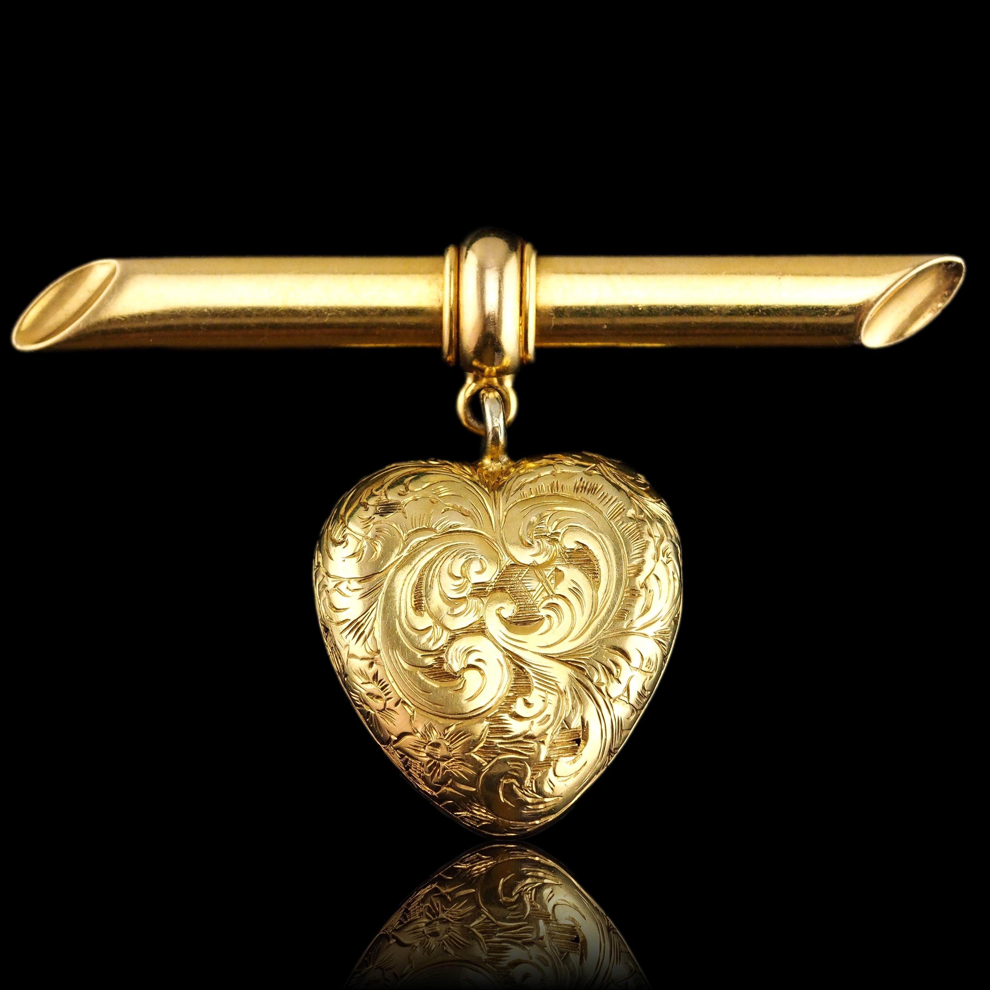 Women's Antique Victorian 'Puffy' Heart Brooch 18K Gold with Wonderful Engravings c.1890 For Sale