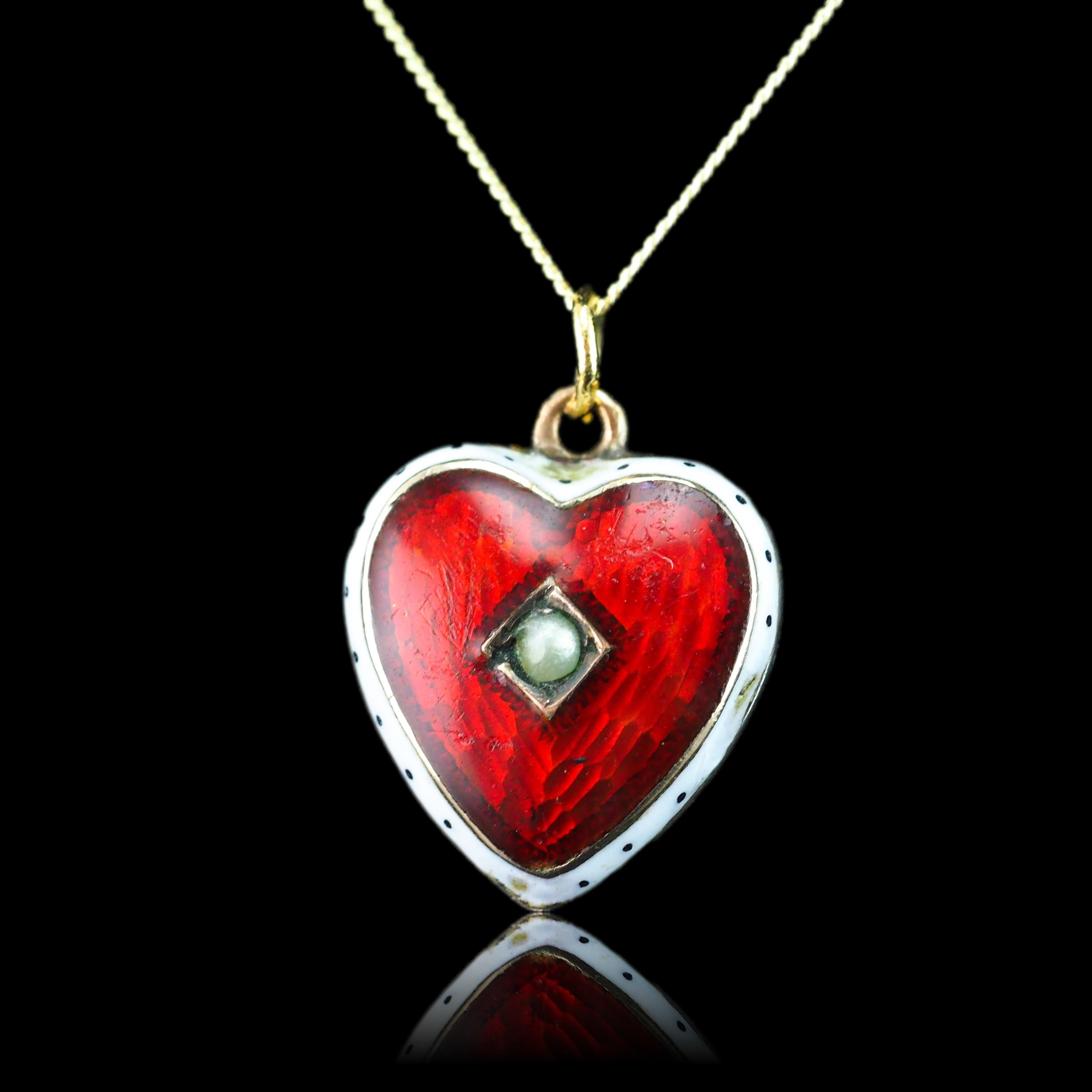 Antike viktorianische Puffy Heart Anhänger-Halskette mit roter und weißer Emaille 9K - um 1900 im Angebot 9