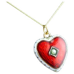Antique Victorian Puffy Heart Pendant Necklace Red & White Enamel 9K - c.1900