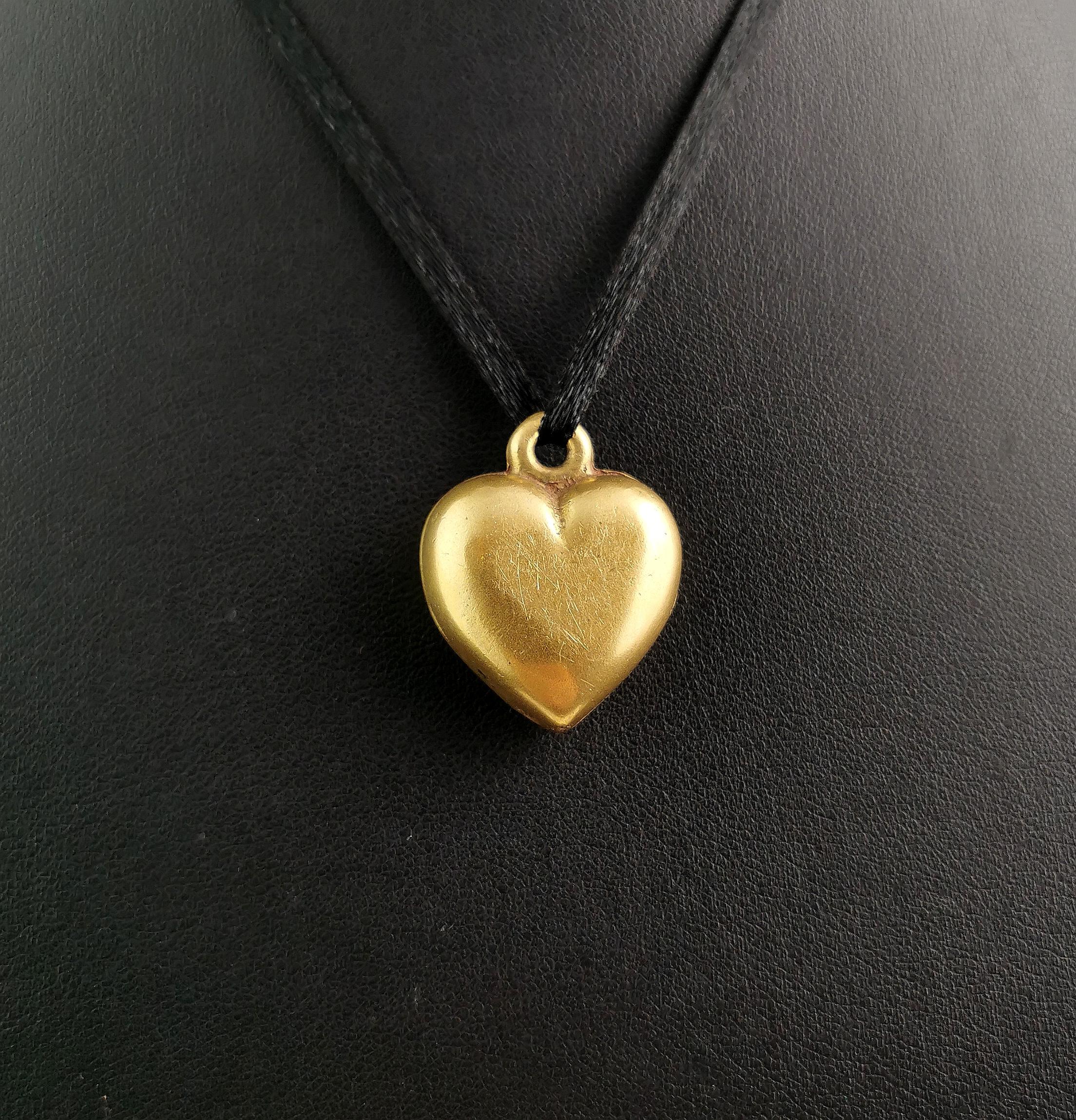 Antique Victorian puffy heart pendant, solid brass  7