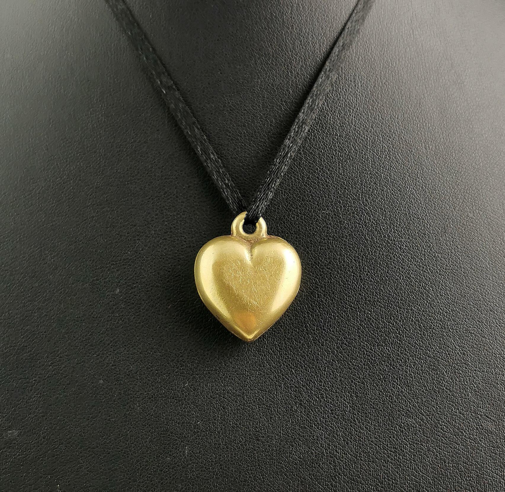 Antique Victorian puffy heart pendant, solid brass  8