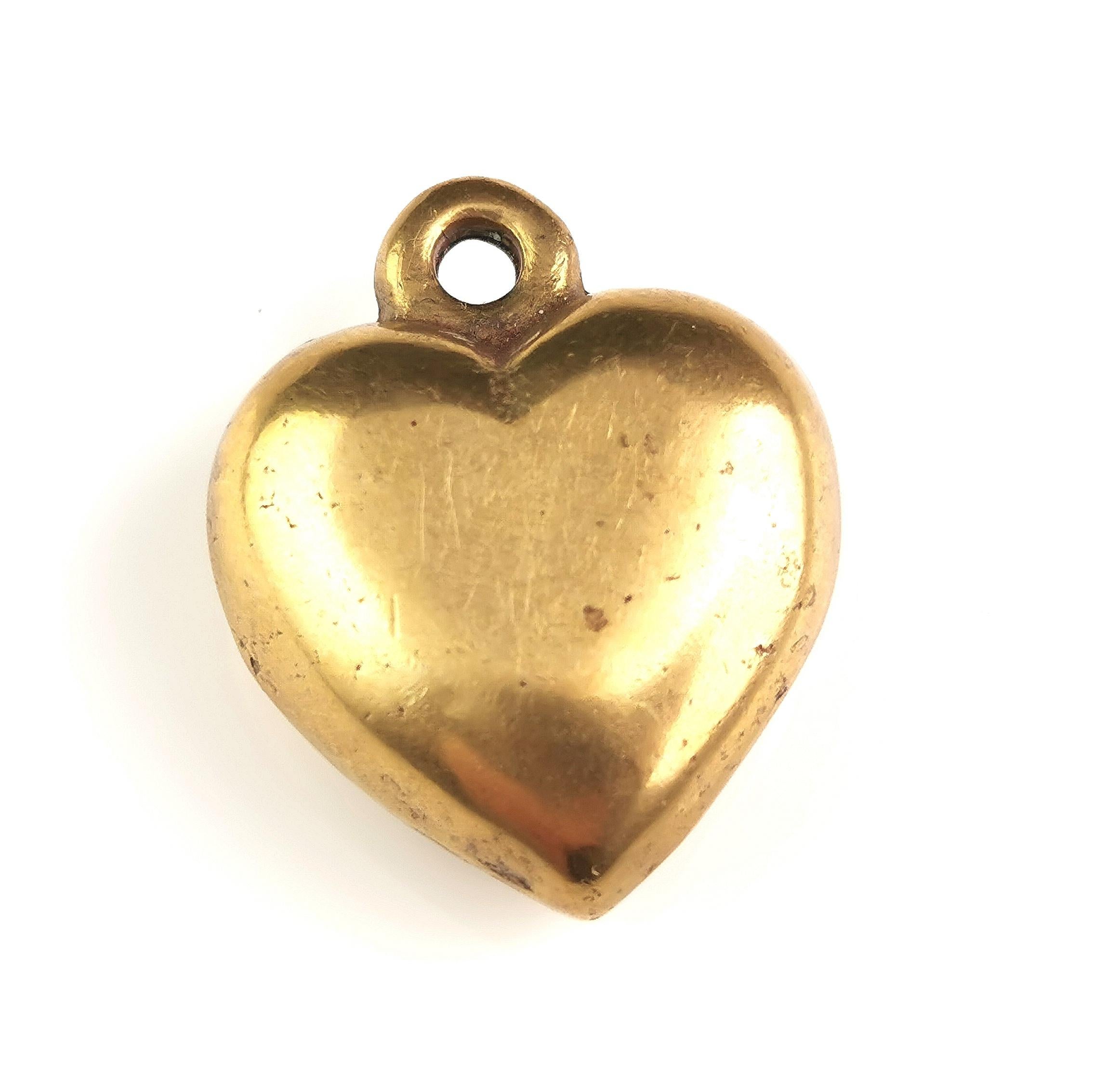 Antique Victorian puffy heart pendant, solid brass  In Good Condition In NEWARK, GB