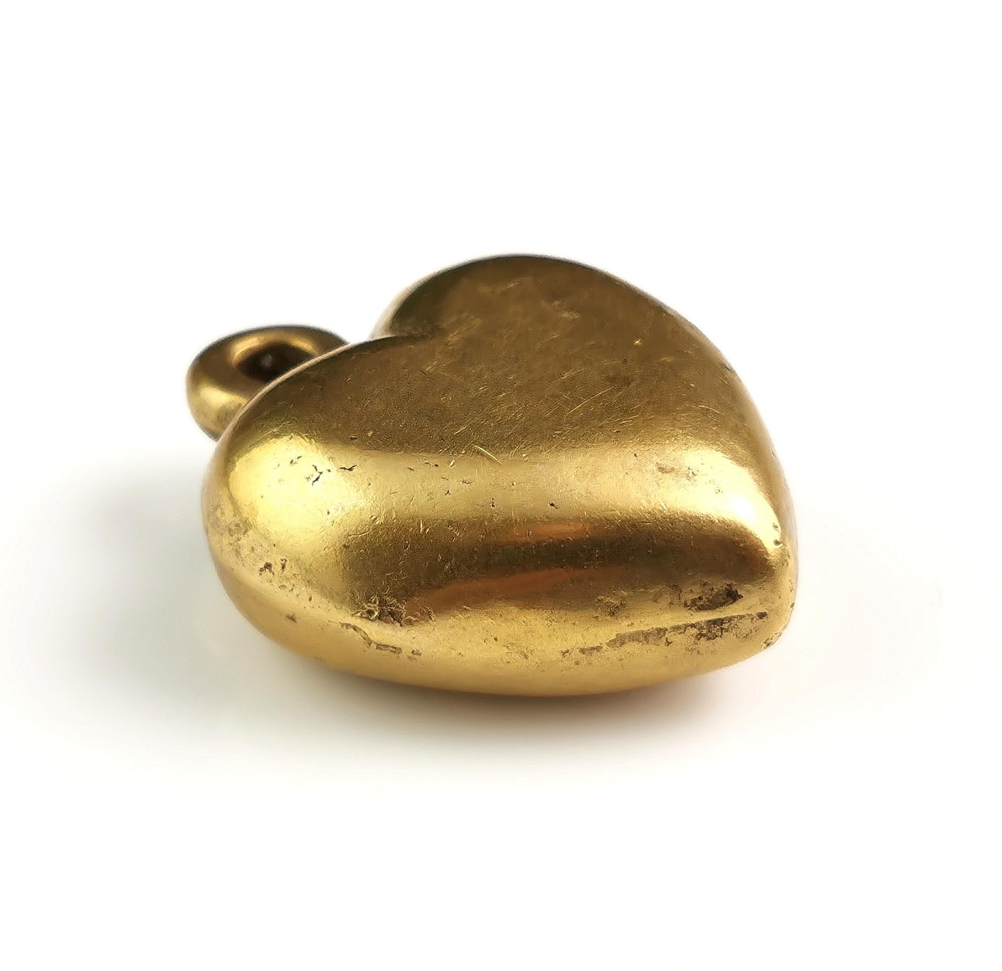 Women's Antique Victorian puffy heart pendant, solid brass 