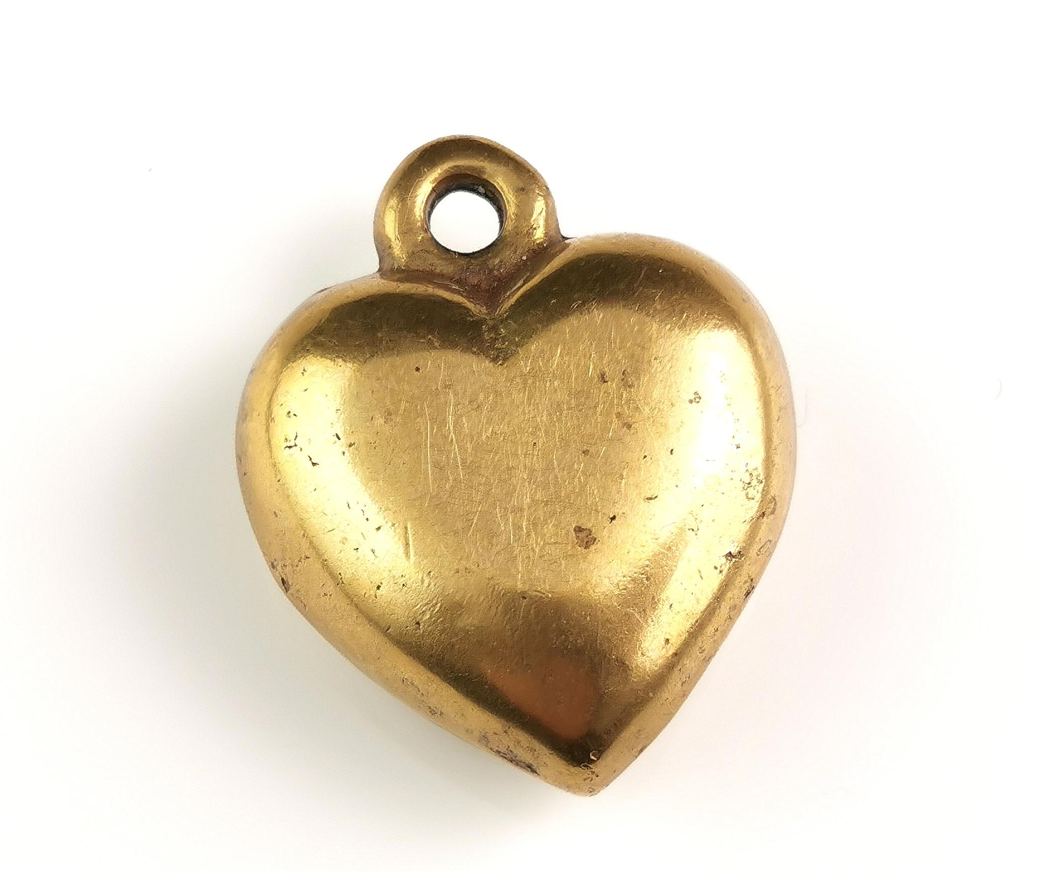 Antique Victorian puffy heart pendant, solid brass  2