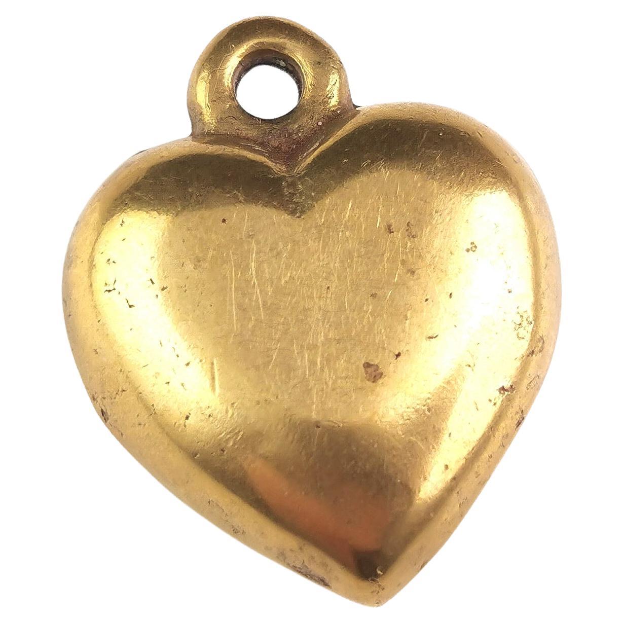 Antique Victorian puffy heart pendant, solid brass 
