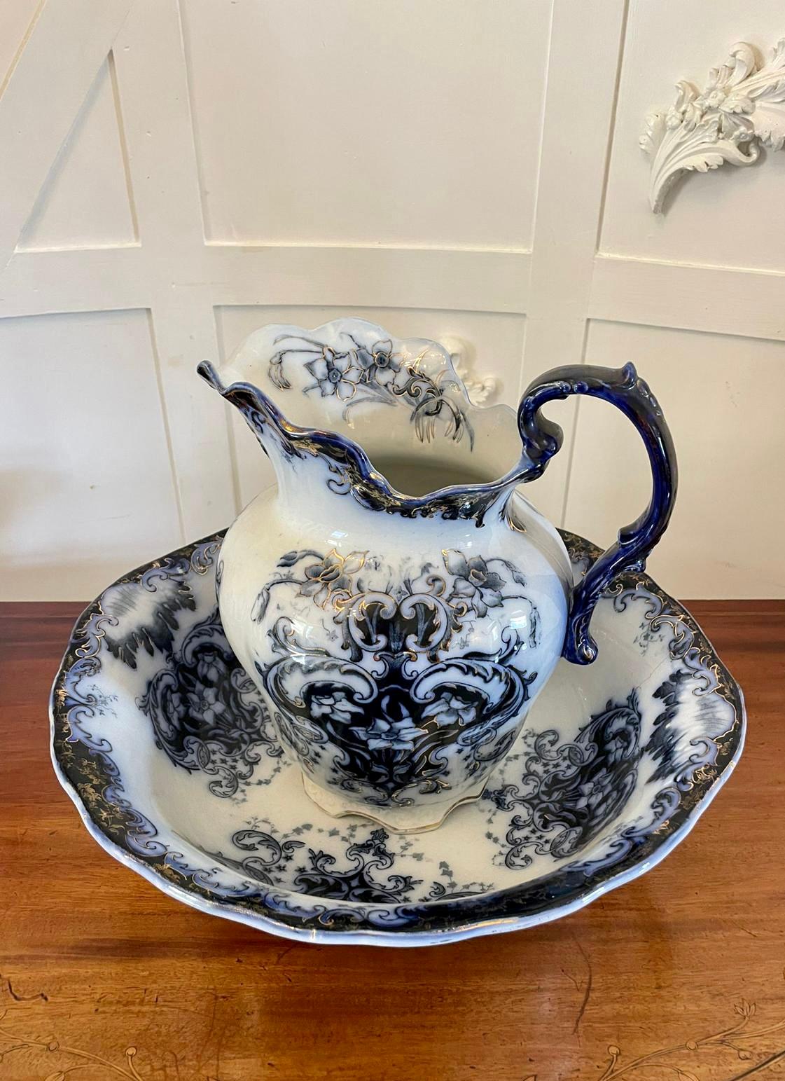  Antique Victorian Quality Blue and White Jug and Bowl Set 11