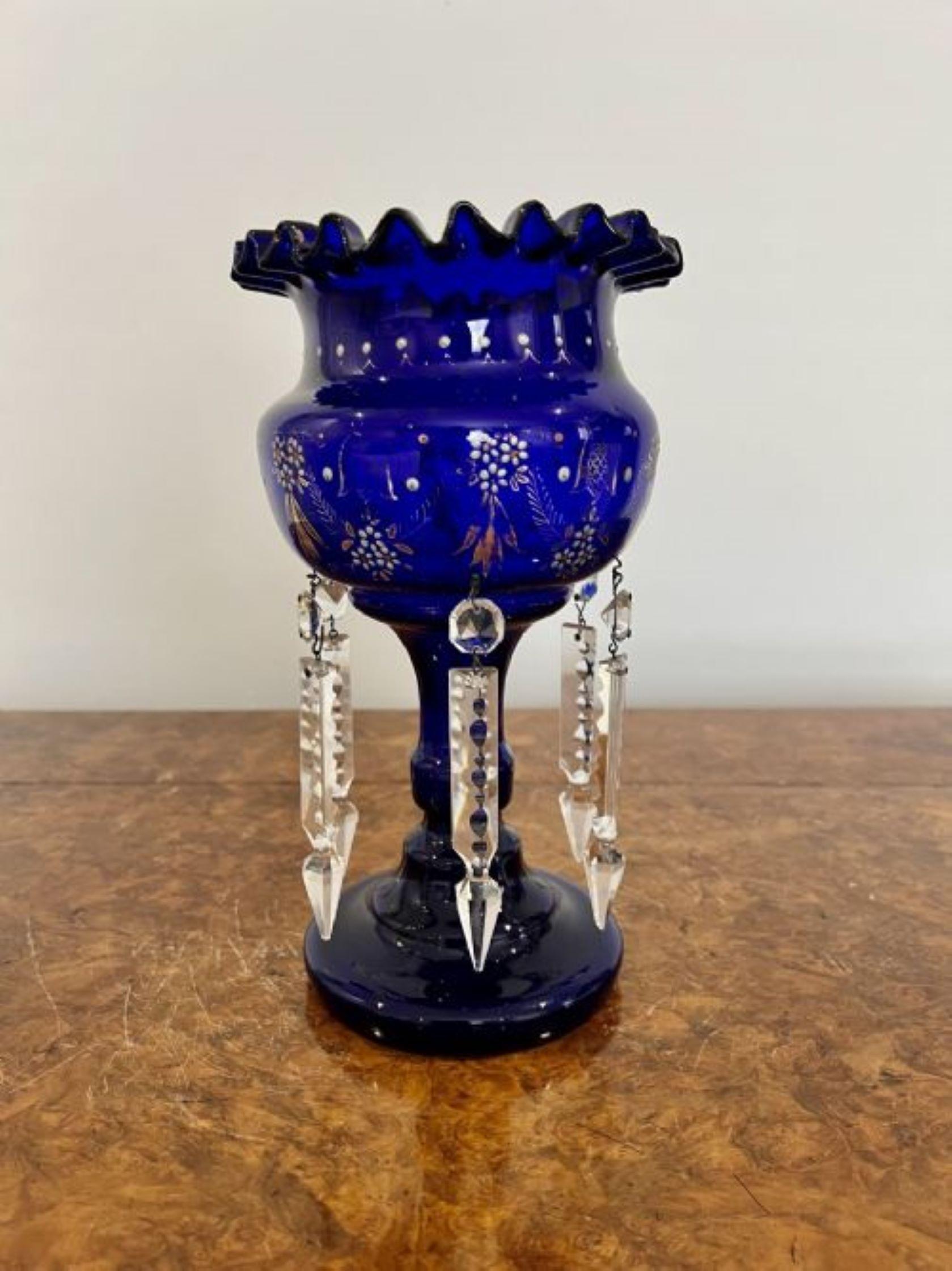 Antique Victorian quality blue glass lustre In Good Condition For Sale In Ipswich, GB