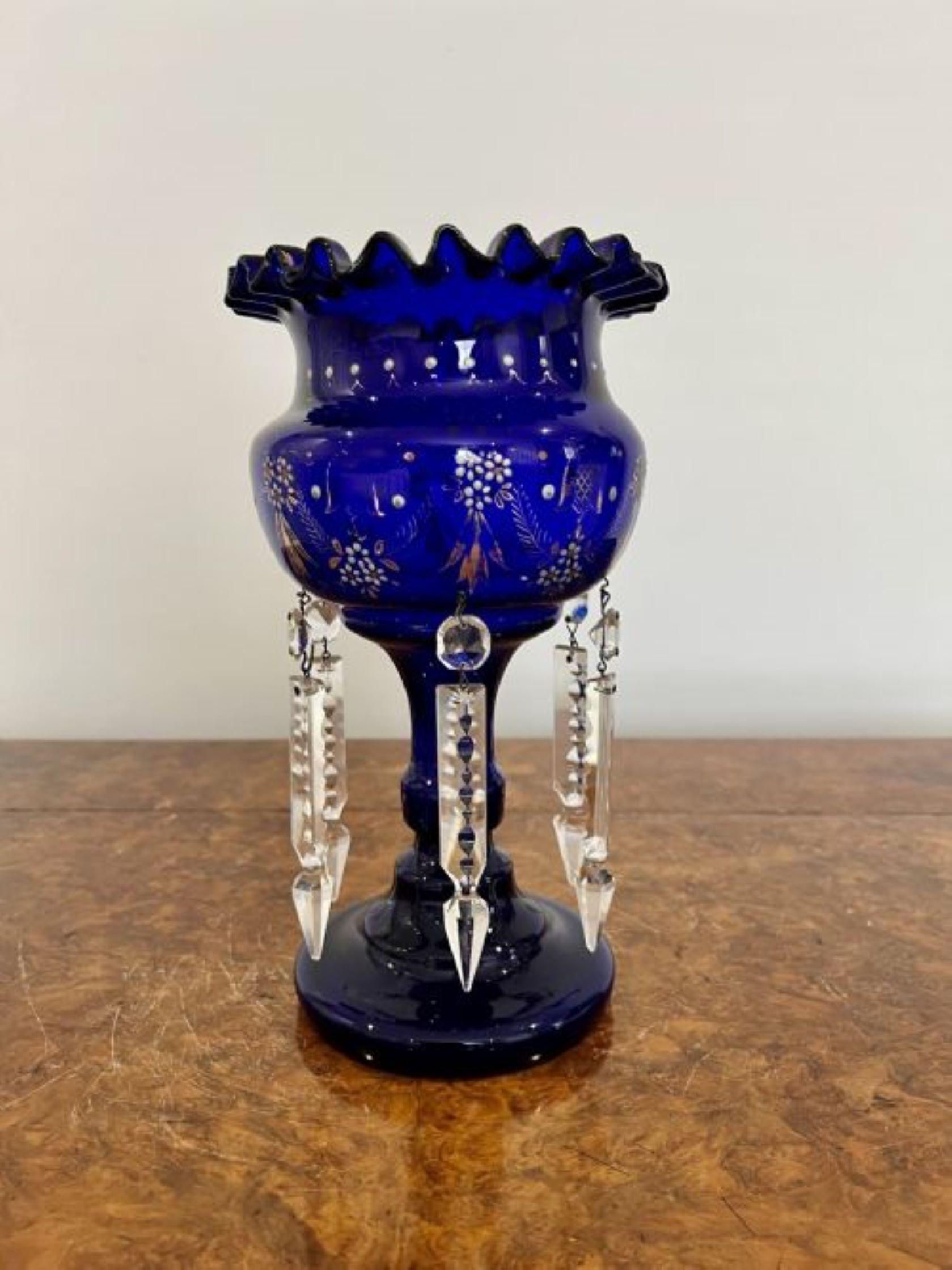 Glass Antique Victorian quality blue glass lustre For Sale