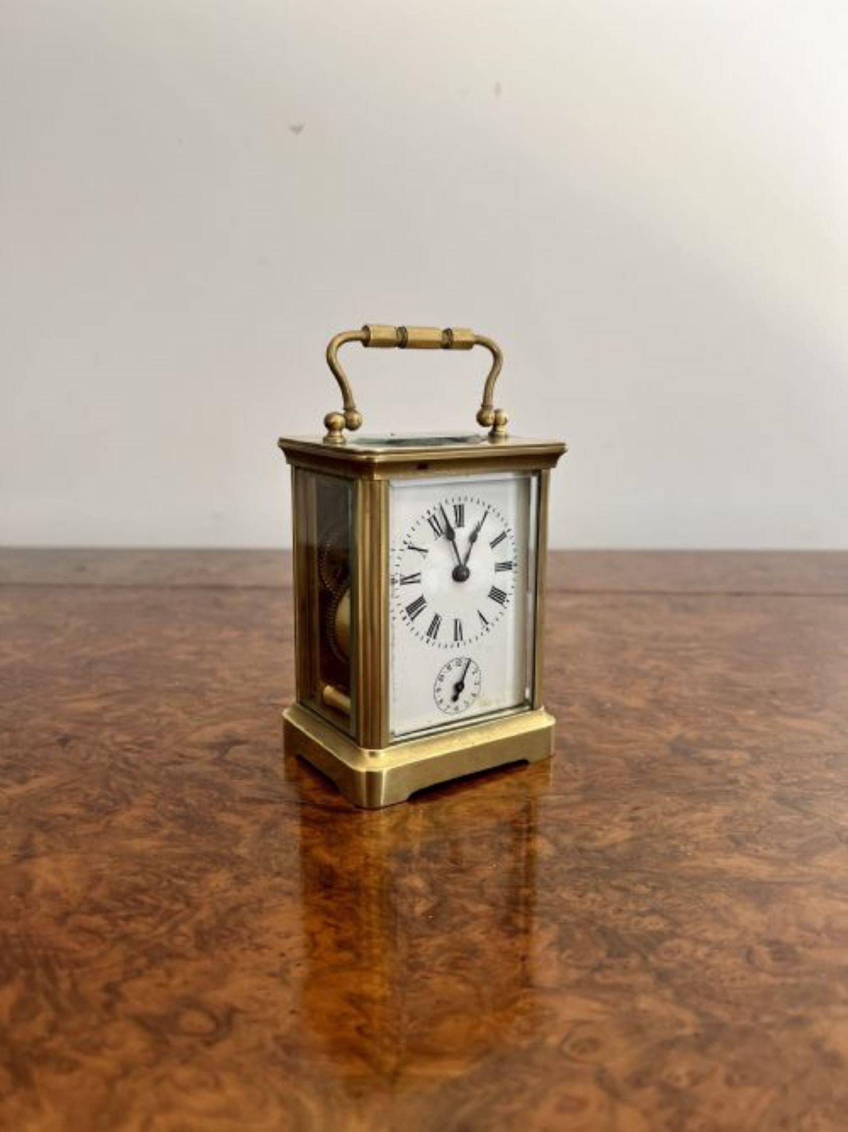 Antique Victorian quality brass carriage clock and alarm In Good Condition For Sale In Ipswich, GB