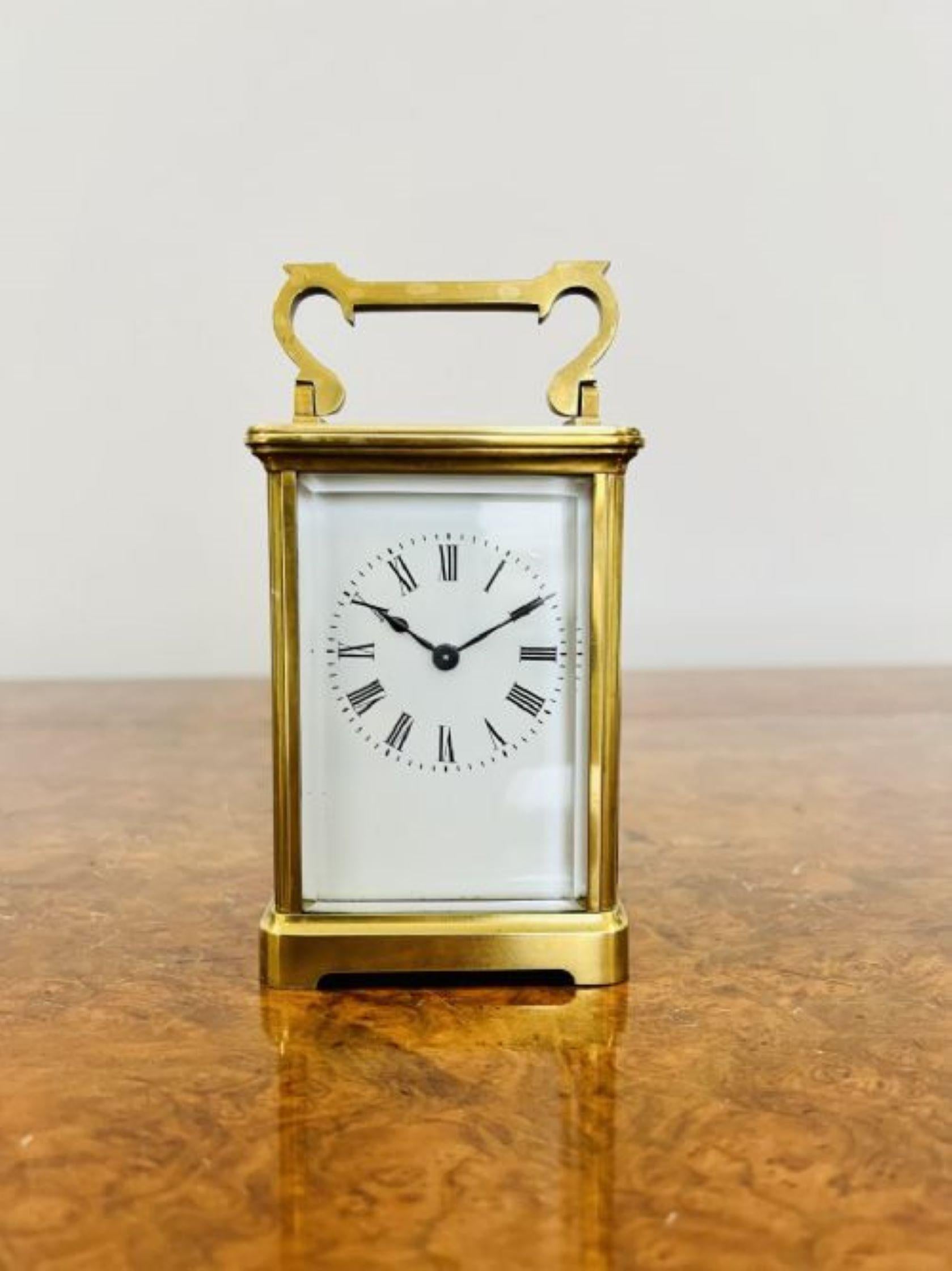 Antique Victorian quality brass carriage clock having a quality brass carriage clock with an 8 day French movement, bevelled edge, glass panels, a shaped carrying handle to the top with original key
Please note all of our clocks are serviced prior