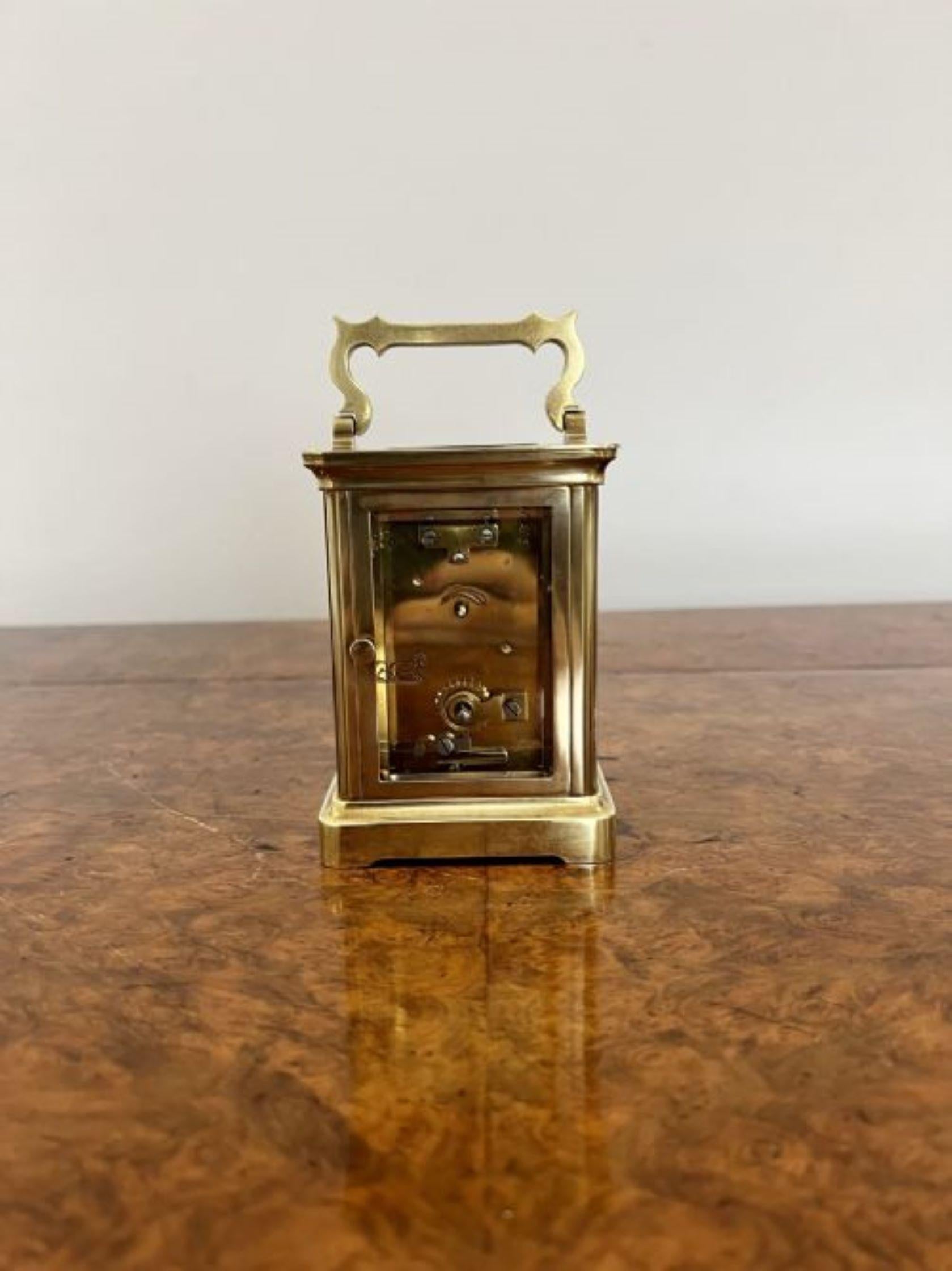 Brass Antique Victorian quality brass carriage clock with original leather travelling  For Sale