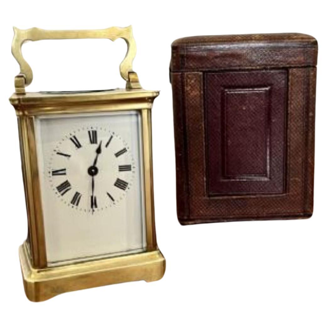 Antique Victorian quality brass carriage clock with original leather travelling  For Sale