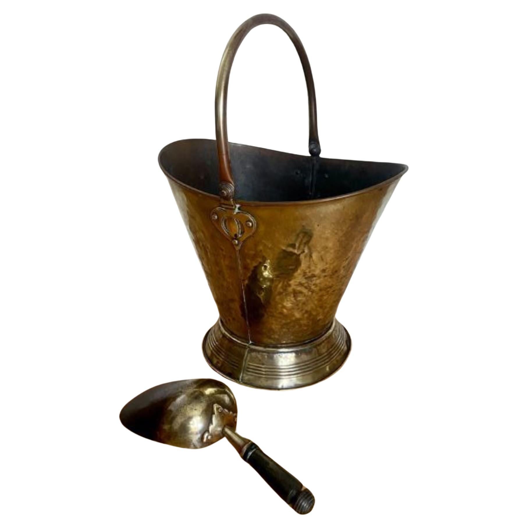 Antique Victorian Quality Brass Coal Scuttle With Original Shovel  For Sale