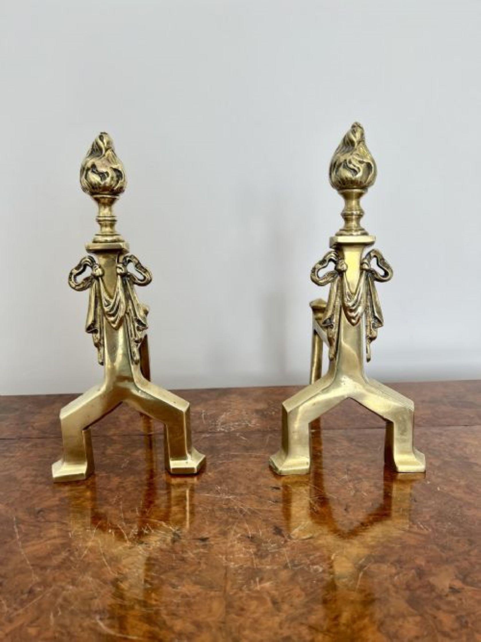 Antique Victorian quality brass fire irons and fire dogs  In Good Condition For Sale In Ipswich, GB
