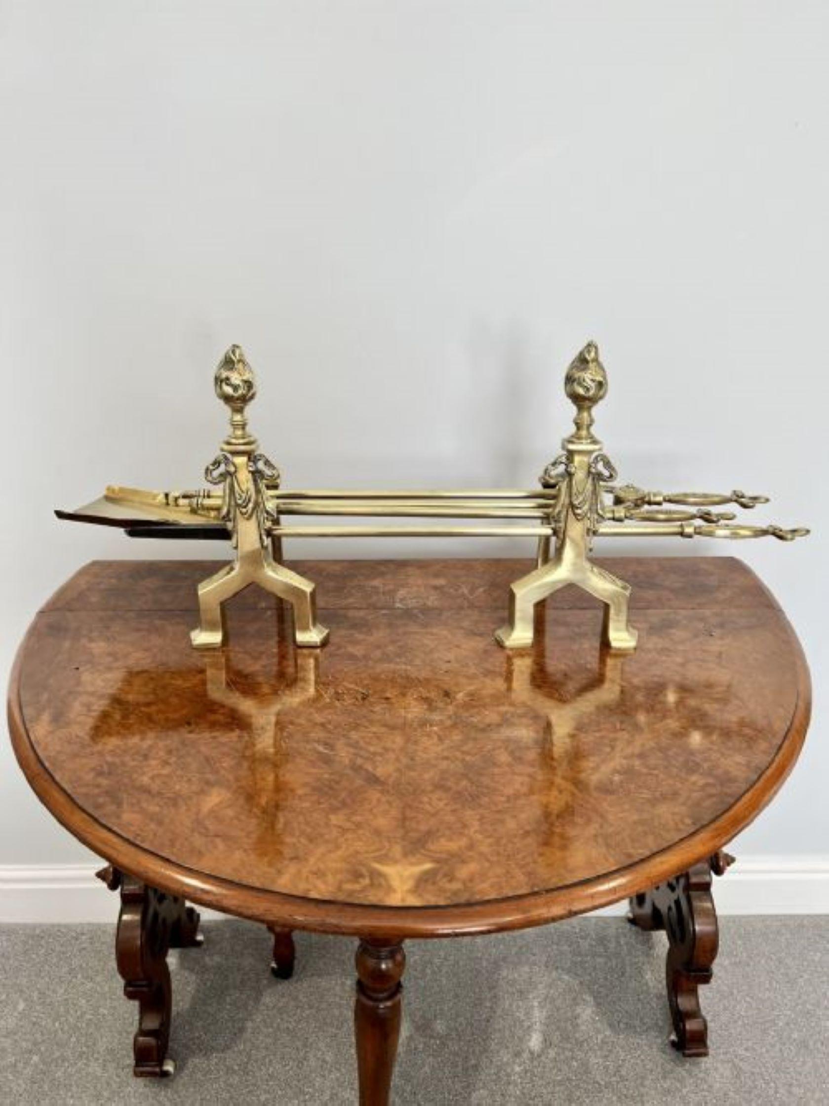 19th Century Antique Victorian quality brass fire irons and fire dogs For Sale