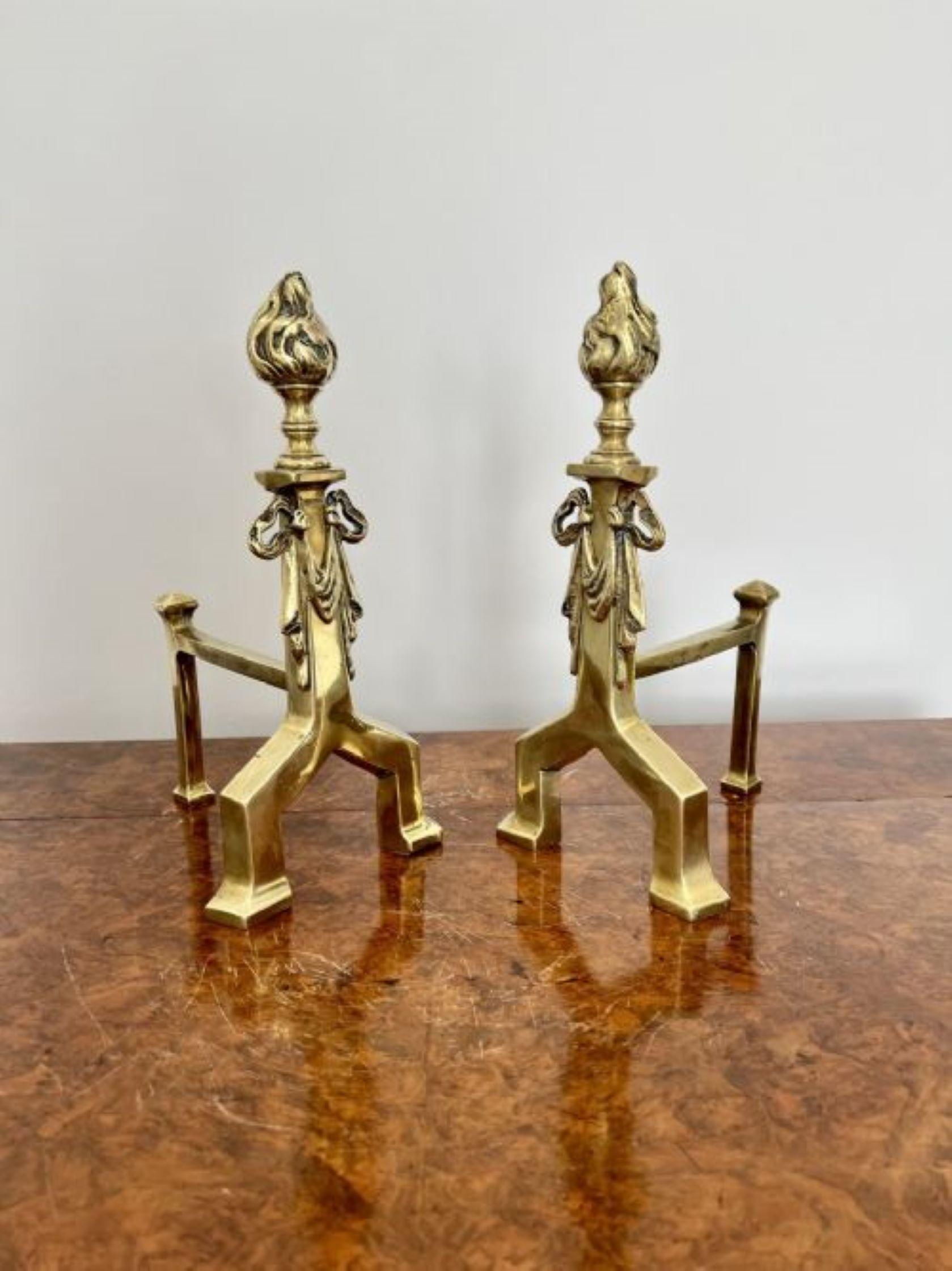 Brass Antique Victorian quality brass fire irons and fire dogs For Sale