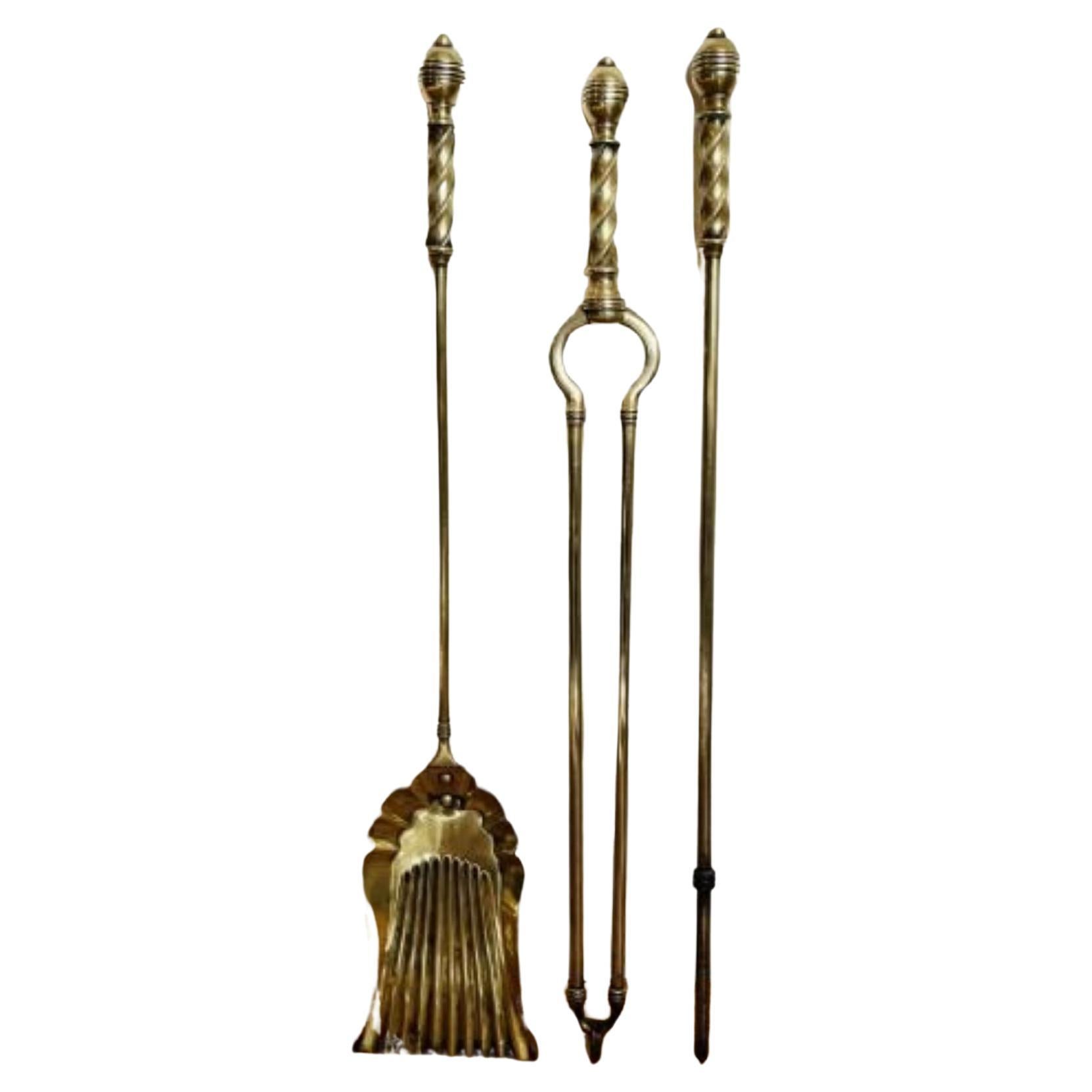 Antique Victorian quality brass fire irons For Sale