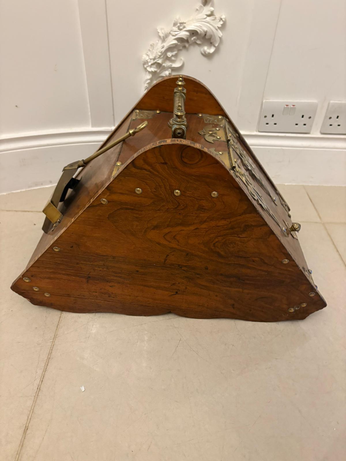 19th Century Antique Victorian Quality Brass-Mounted Walnut Coal / Log Scuttle For Sale