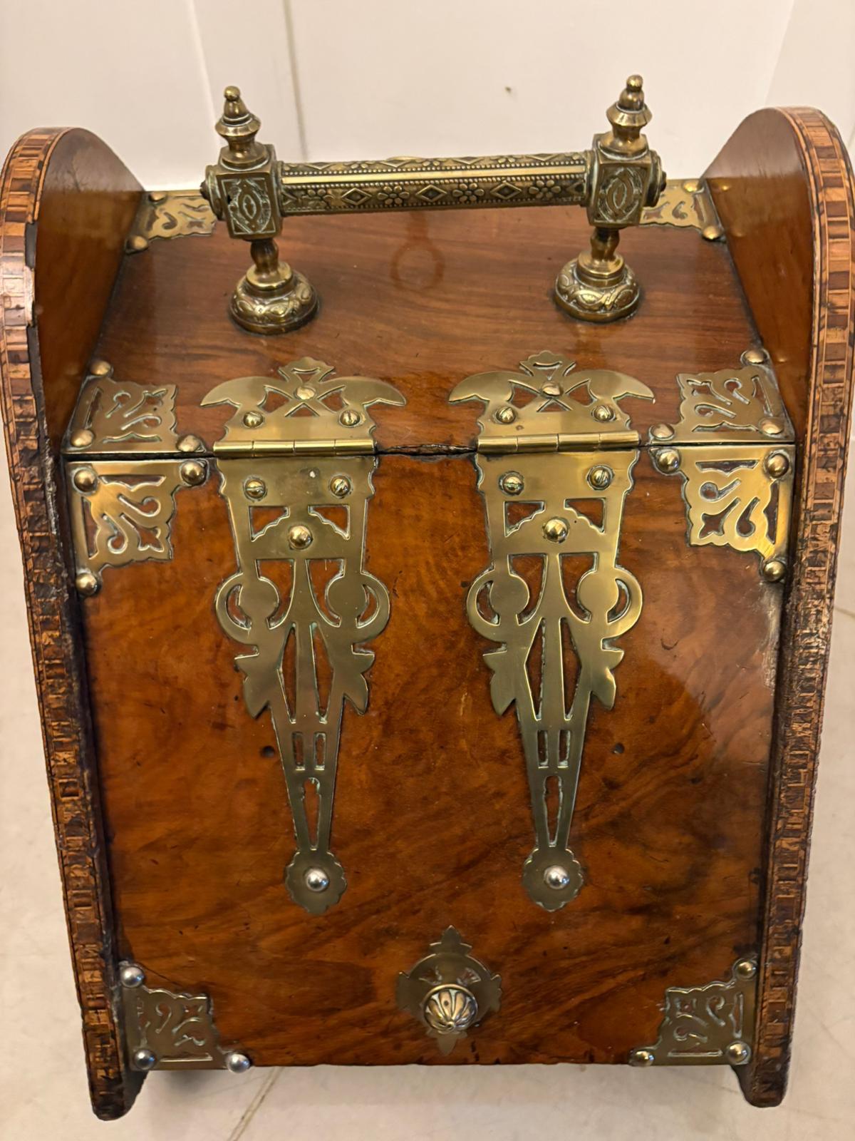 Antique Victorian Quality Brass-Mounted Walnut Coal / Log Scuttle For Sale 1
