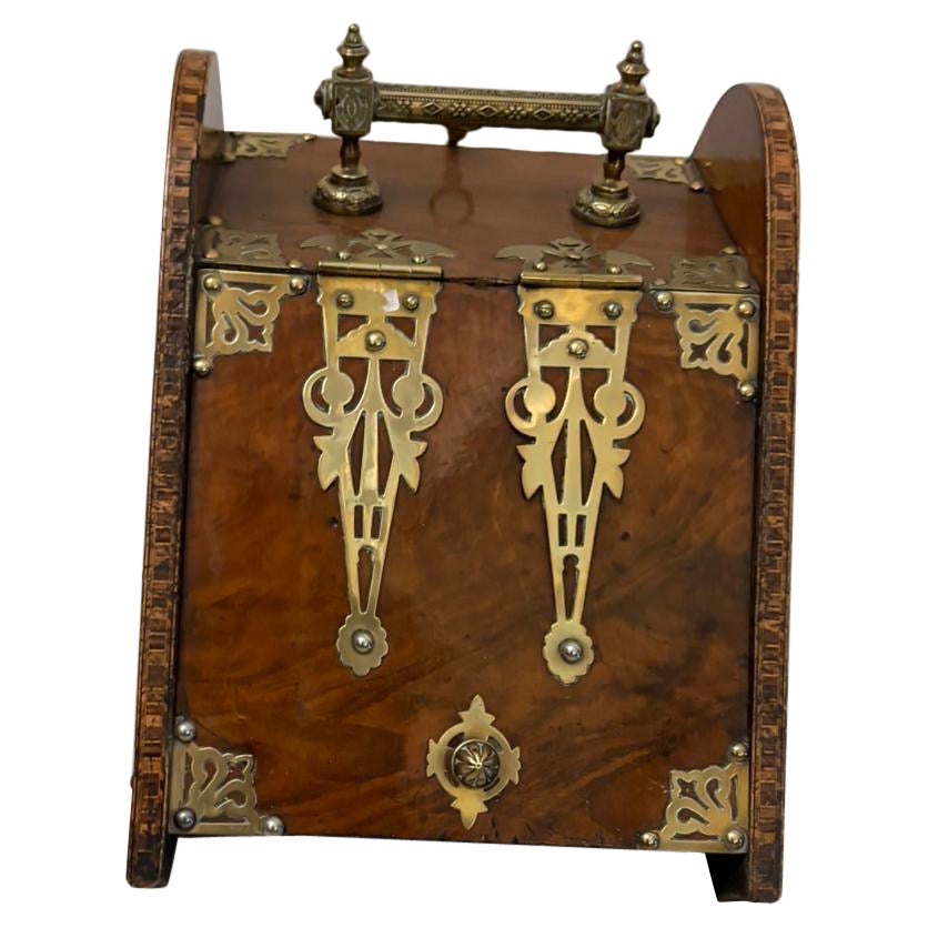 Antique Victorian Quality Brass-Mounted Walnut Coal / Log Scuttle For Sale