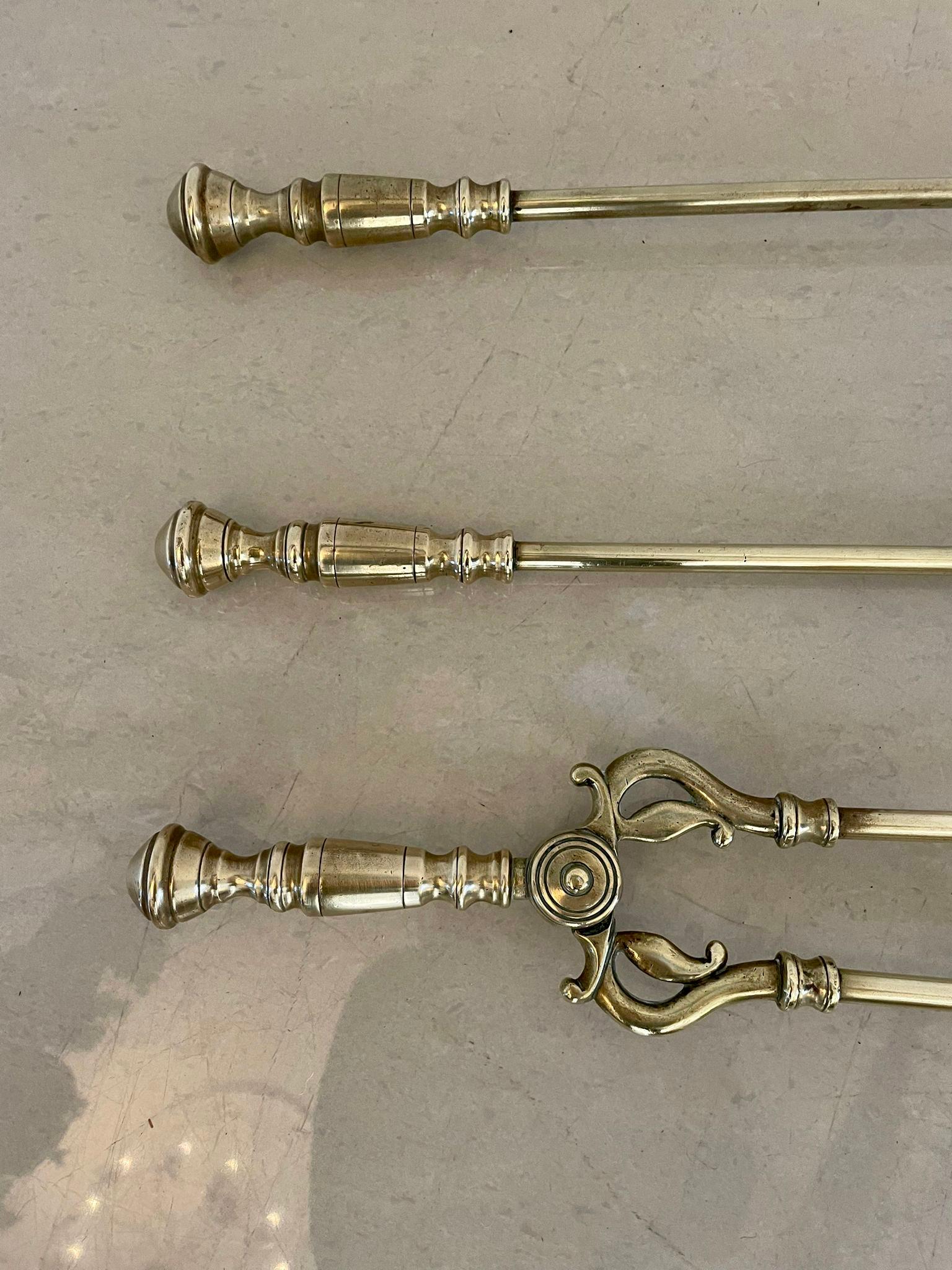 19th Century  Antique Victorian Quality Brass Set of 3 Fire Irons For Sale