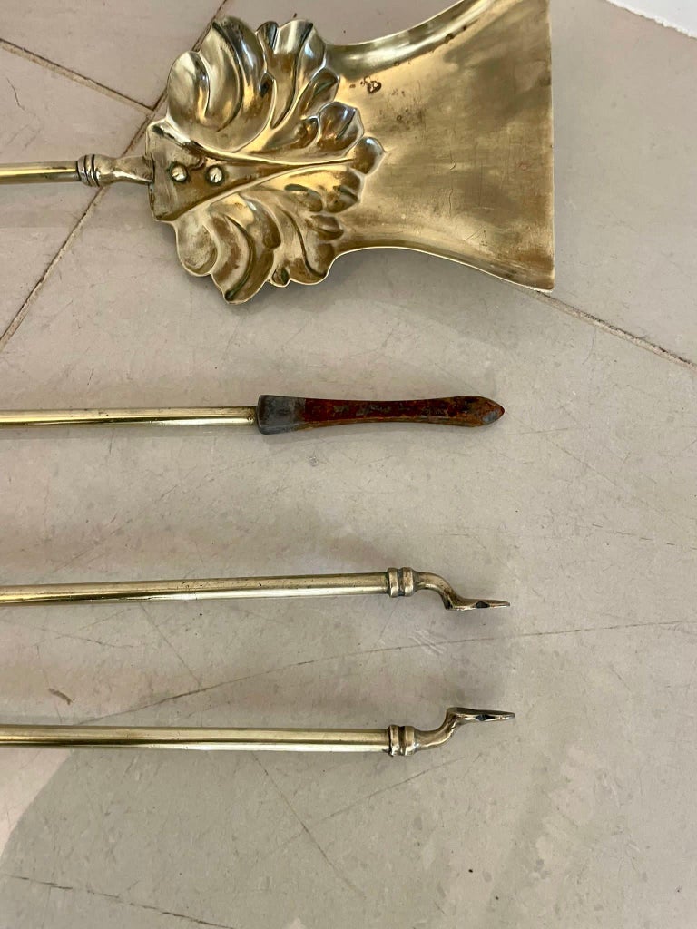 Antique Victorian Quality Brass Set of 3 Fire Irons For Sale at 1stDibs