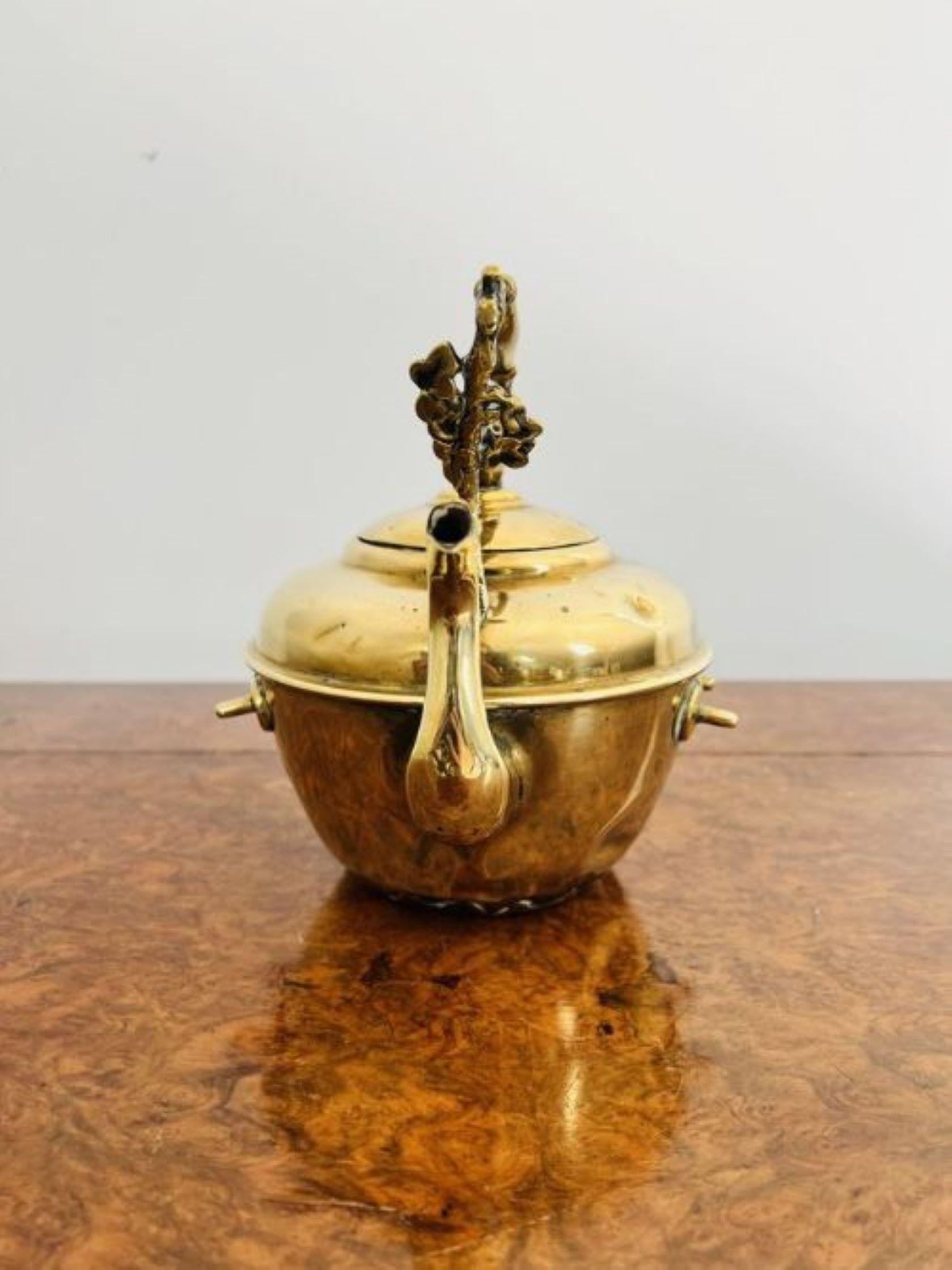 Antique Victorian quality brass spirit kettle and stand having a quality ornate brass kettle on the original ornate brass stand with the original burner.